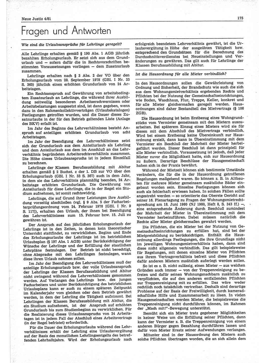 Neue Justiz (NJ), Zeitschrift für sozialistisches Recht und Gesetzlichkeit [Deutsche Demokratische Republik (DDR)], 35. Jahrgang 1981, Seite 175 (NJ DDR 1981, S. 175)