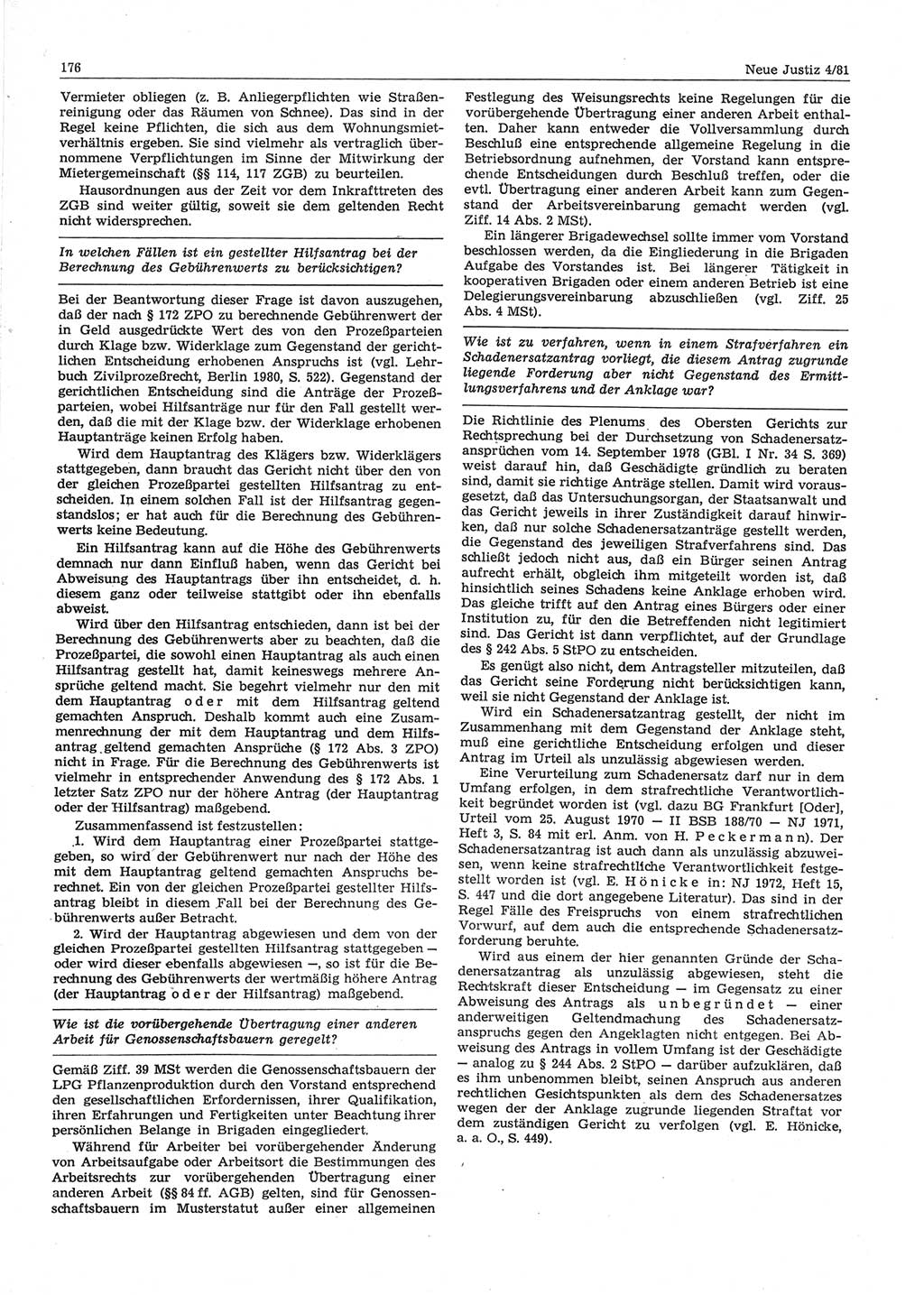 Neue Justiz (NJ), Zeitschrift für sozialistisches Recht und Gesetzlichkeit [Deutsche Demokratische Republik (DDR)], 35. Jahrgang 1981, Seite 176 (NJ DDR 1981, S. 176)