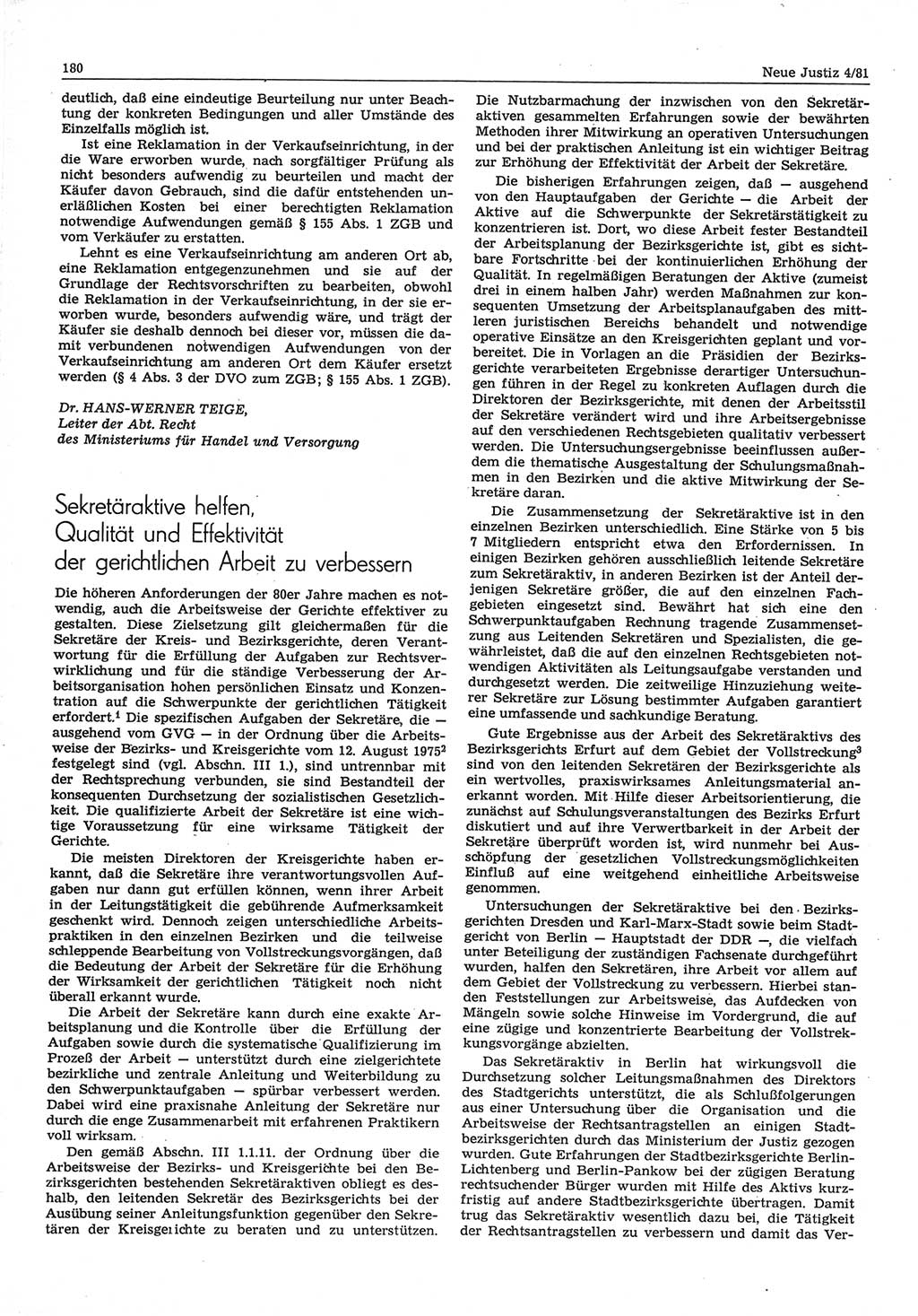 Neue Justiz (NJ), Zeitschrift für sozialistisches Recht und Gesetzlichkeit [Deutsche Demokratische Republik (DDR)], 35. Jahrgang 1981, Seite 180 (NJ DDR 1981, S. 180)