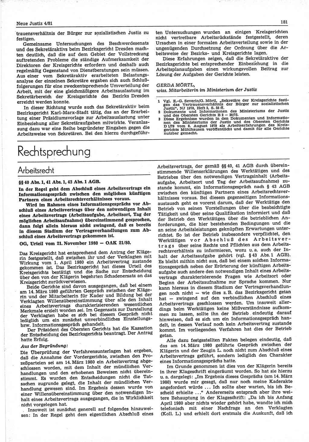 Neue Justiz (NJ), Zeitschrift für sozialistisches Recht und Gesetzlichkeit [Deutsche Demokratische Republik (DDR)], 35. Jahrgang 1981, Seite 181 (NJ DDR 1981, S. 181)