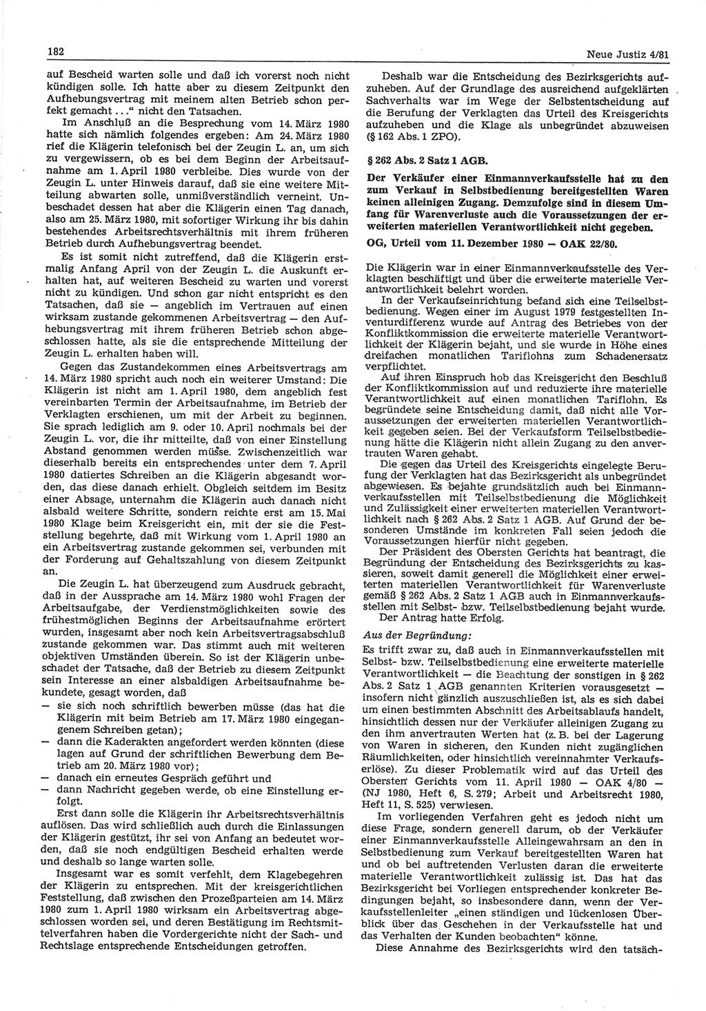 Neue Justiz (NJ), Zeitschrift für sozialistisches Recht und Gesetzlichkeit [Deutsche Demokratische Republik (DDR)], 35. Jahrgang 1981, Seite 182 (NJ DDR 1981, S. 182)