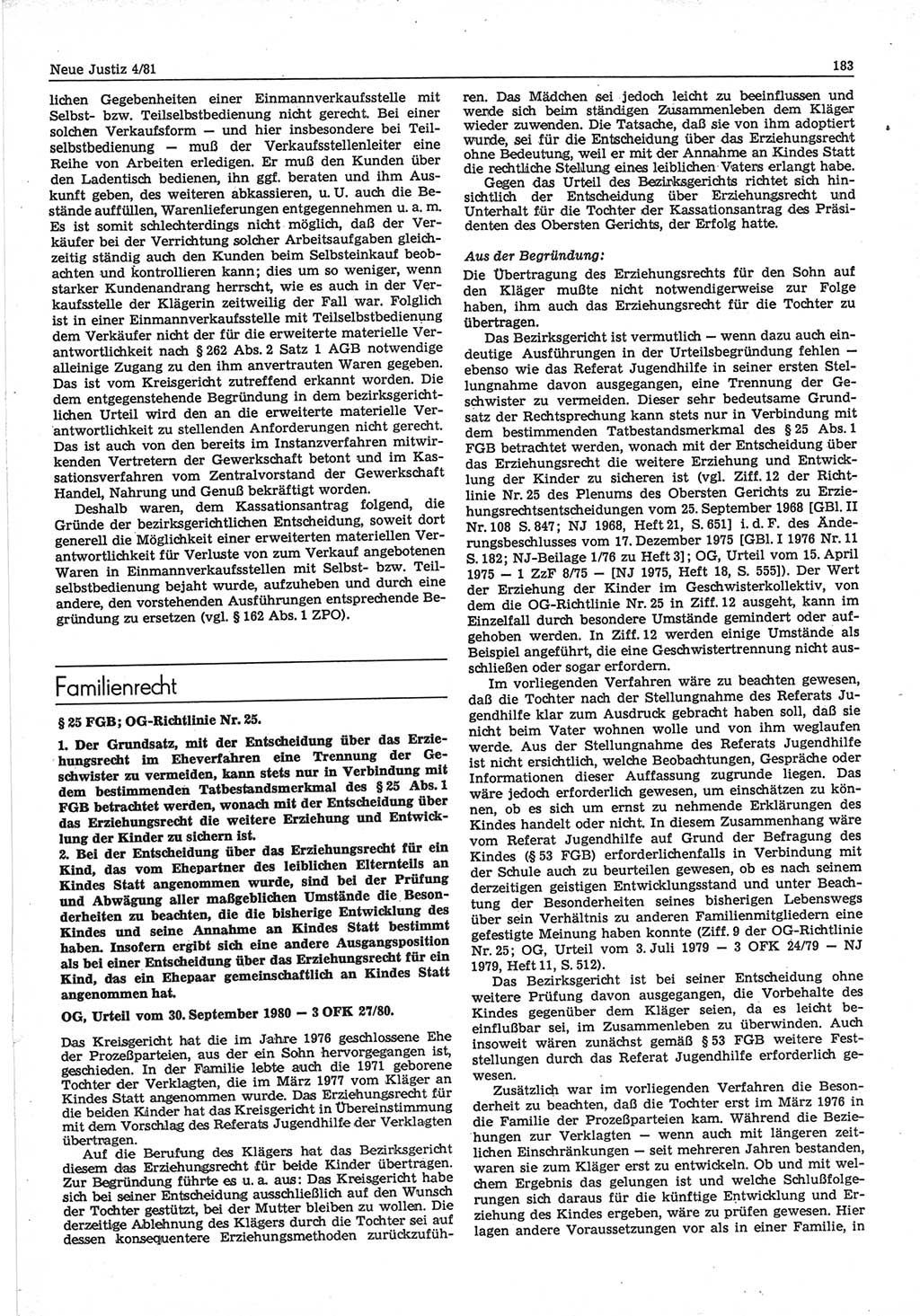 Neue Justiz (NJ), Zeitschrift für sozialistisches Recht und Gesetzlichkeit [Deutsche Demokratische Republik (DDR)], 35. Jahrgang 1981, Seite 183 (NJ DDR 1981, S. 183)