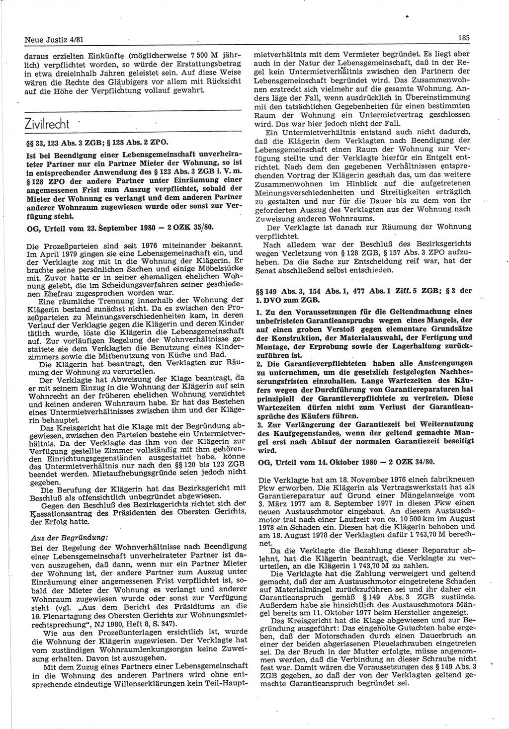 Neue Justiz (NJ), Zeitschrift für sozialistisches Recht und Gesetzlichkeit [Deutsche Demokratische Republik (DDR)], 35. Jahrgang 1981, Seite 185 (NJ DDR 1981, S. 185)