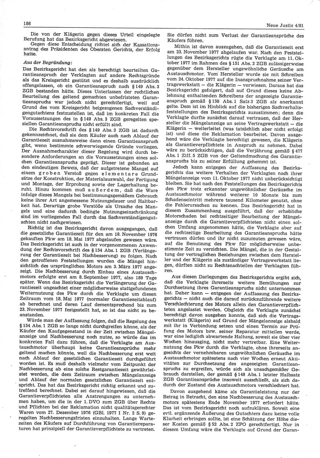 Neue Justiz (NJ), Zeitschrift für sozialistisches Recht und Gesetzlichkeit [Deutsche Demokratische Republik (DDR)], 35. Jahrgang 1981, Seite 186 (NJ DDR 1981, S. 186)