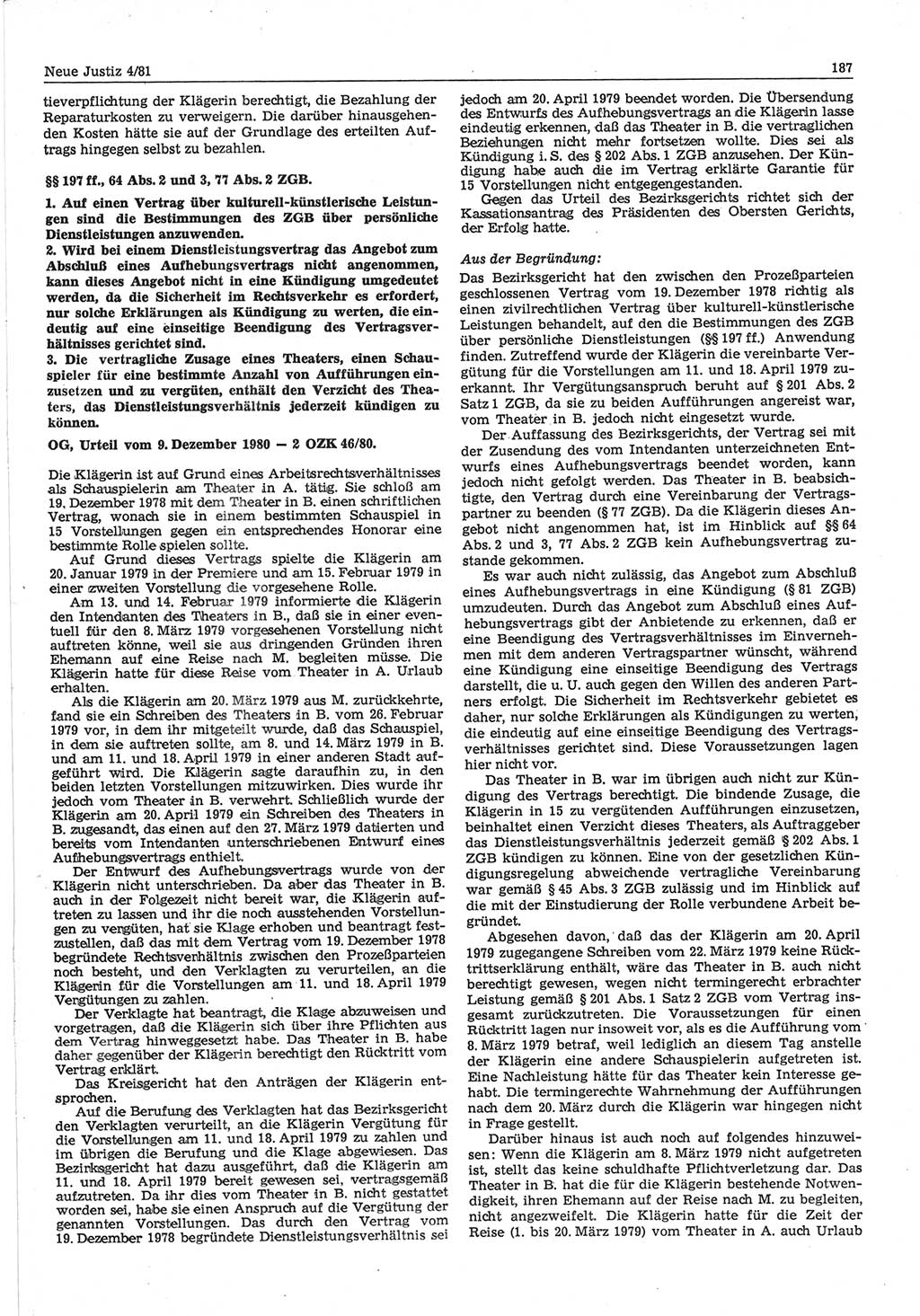 Neue Justiz (NJ), Zeitschrift für sozialistisches Recht und Gesetzlichkeit [Deutsche Demokratische Republik (DDR)], 35. Jahrgang 1981, Seite 187 (NJ DDR 1981, S. 187)