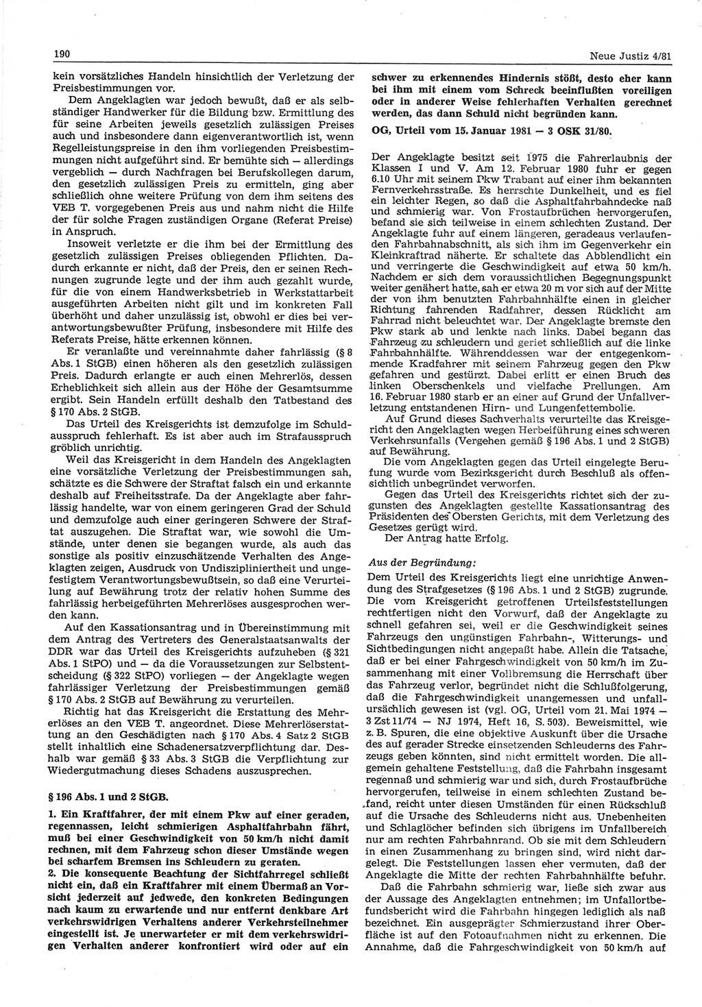 Neue Justiz (NJ), Zeitschrift für sozialistisches Recht und Gesetzlichkeit [Deutsche Demokratische Republik (DDR)], 35. Jahrgang 1981, Seite 190 (NJ DDR 1981, S. 190)
