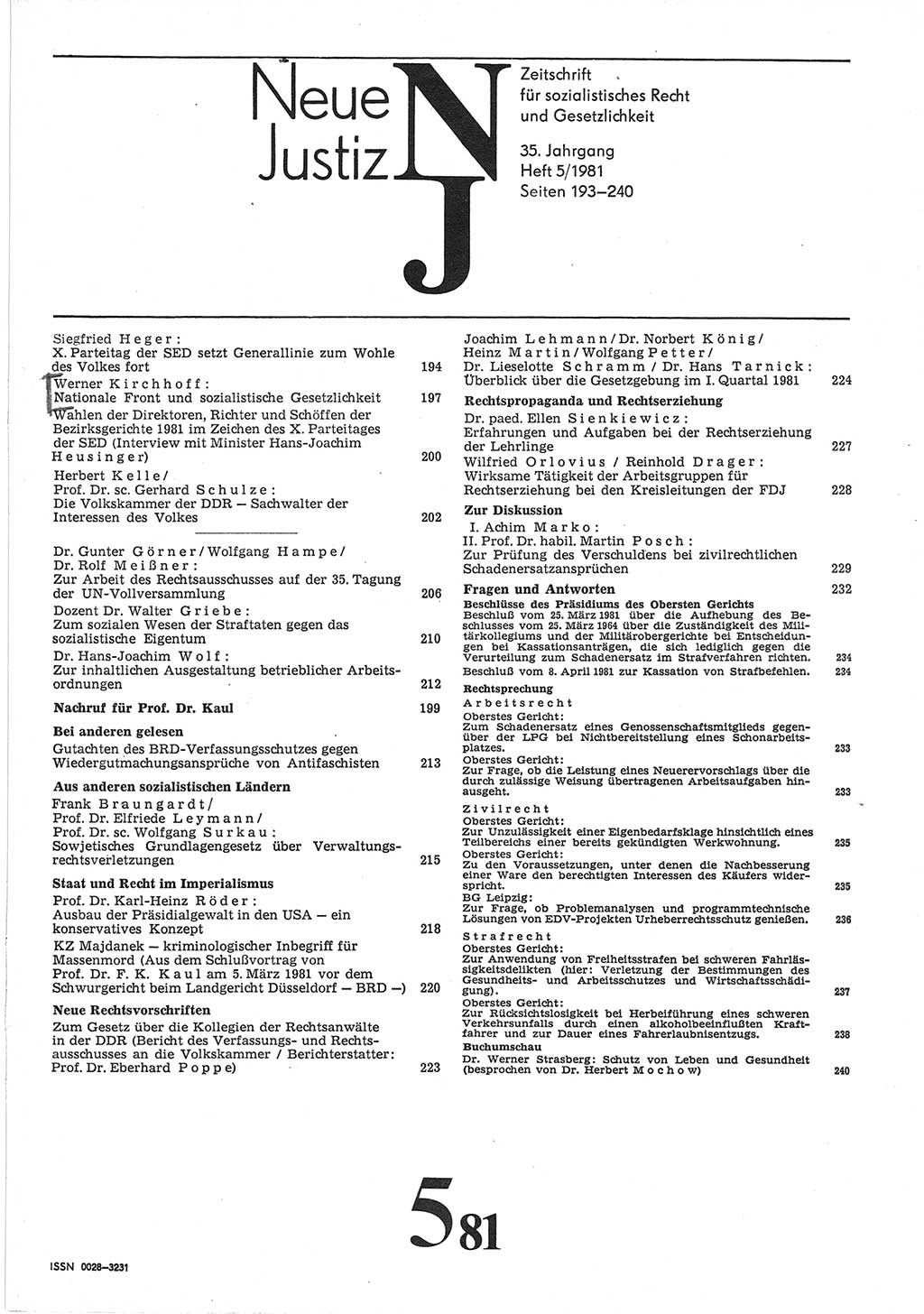 Neue Justiz (NJ), Zeitschrift für sozialistisches Recht und Gesetzlichkeit [Deutsche Demokratische Republik (DDR)], 35. Jahrgang 1981, Seite 193 (NJ DDR 1981, S. 193)