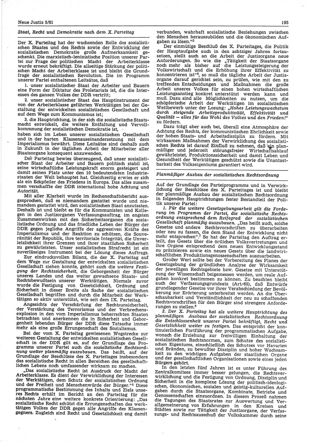 Neue Justiz (NJ), Zeitschrift für sozialistisches Recht und Gesetzlichkeit [Deutsche Demokratische Republik (DDR)], 35. Jahrgang 1981, Seite 195 (NJ DDR 1981, S. 195)