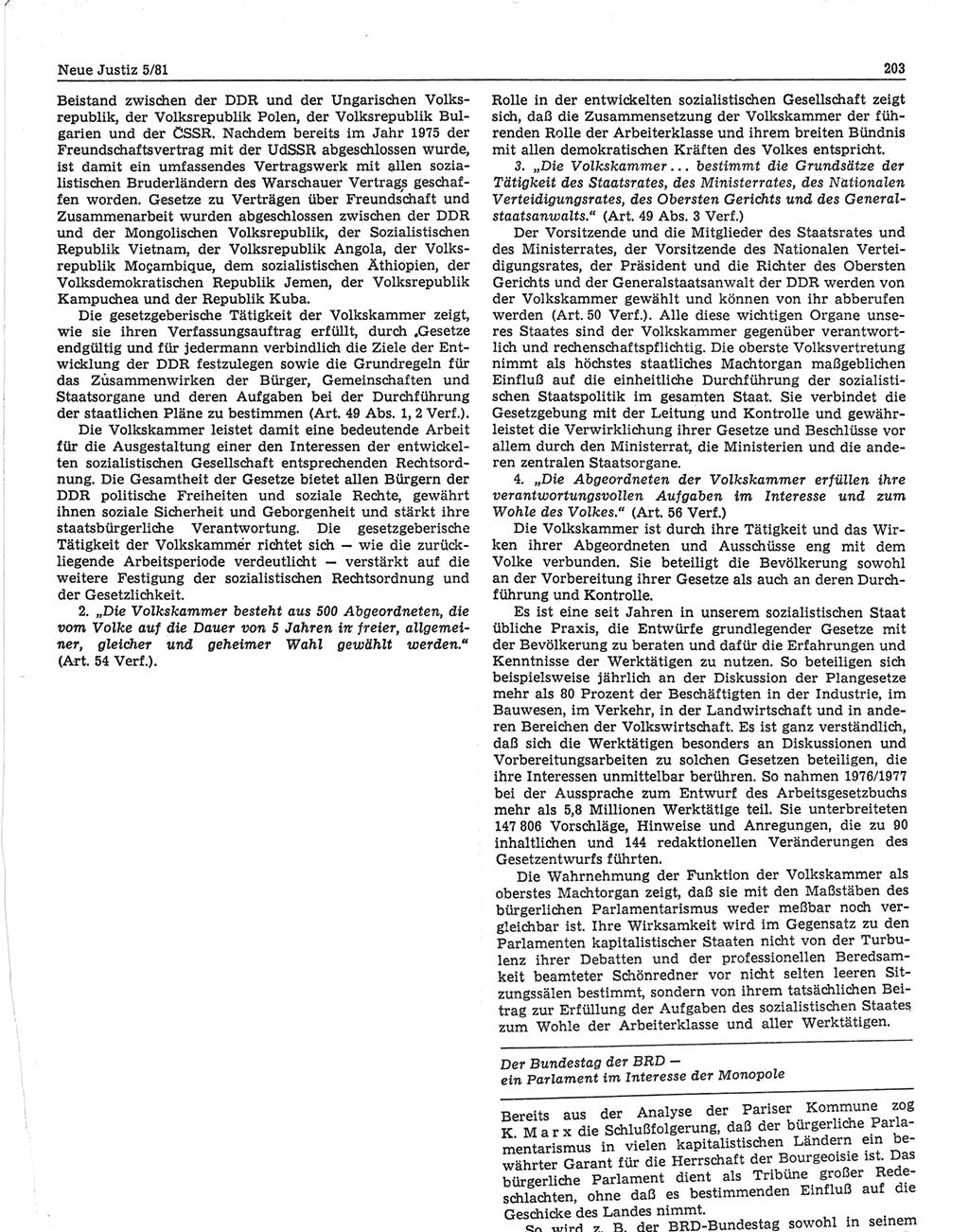 Neue Justiz (NJ), Zeitschrift für sozialistisches Recht und Gesetzlichkeit [Deutsche Demokratische Republik (DDR)], 35. Jahrgang 1981, Seite 203 (NJ DDR 1981, S. 203)