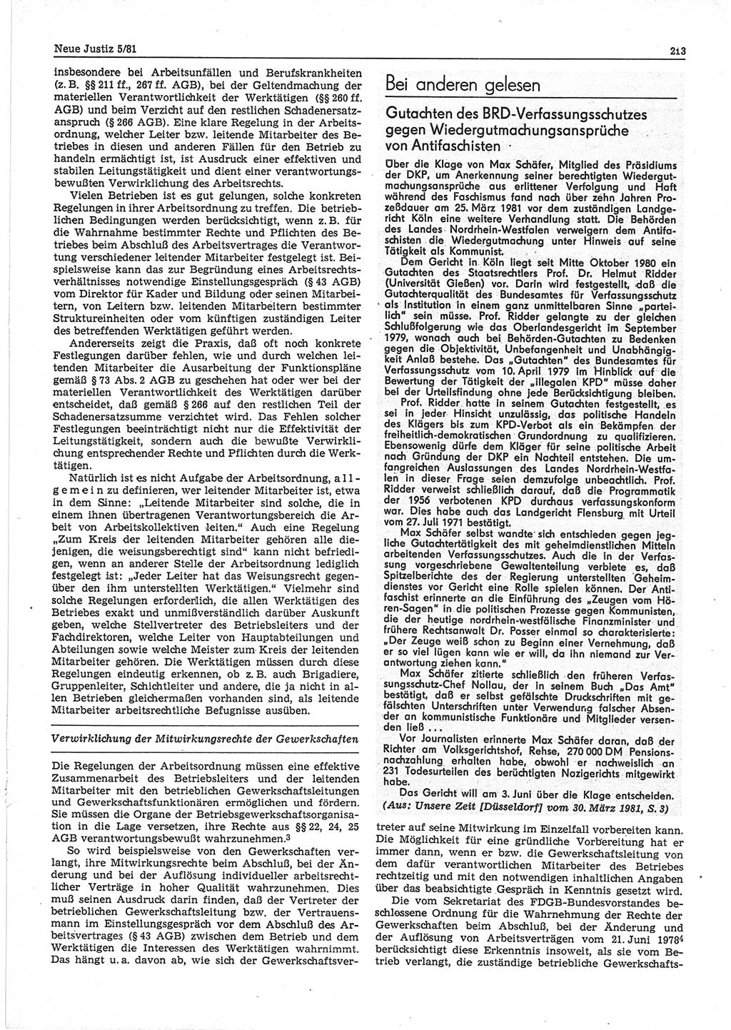 Neue Justiz (NJ), Zeitschrift für sozialistisches Recht und Gesetzlichkeit [Deutsche Demokratische Republik (DDR)], 35. Jahrgang 1981, Seite 213 (NJ DDR 1981, S. 213)