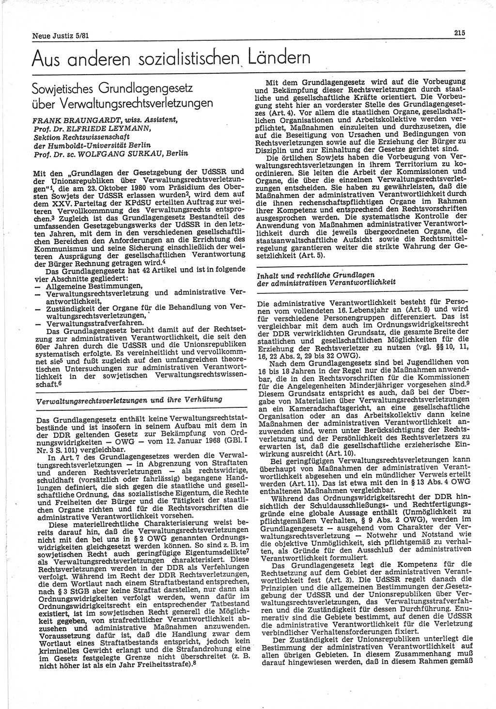 Neue Justiz (NJ), Zeitschrift für sozialistisches Recht und Gesetzlichkeit [Deutsche Demokratische Republik (DDR)], 35. Jahrgang 1981, Seite 215 (NJ DDR 1981, S. 215)