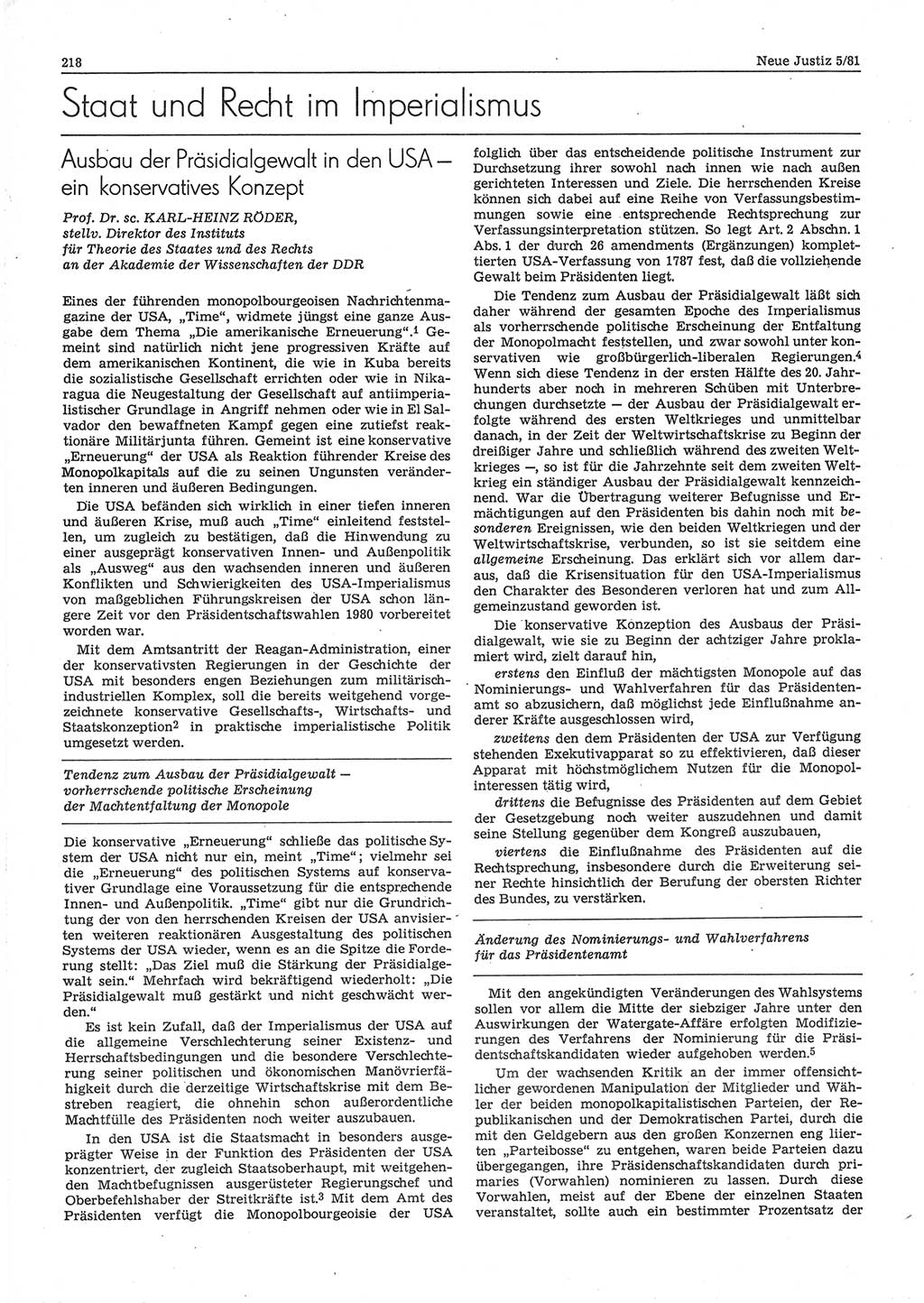 Neue Justiz (NJ), Zeitschrift für sozialistisches Recht und Gesetzlichkeit [Deutsche Demokratische Republik (DDR)], 35. Jahrgang 1981, Seite 218 (NJ DDR 1981, S. 218)