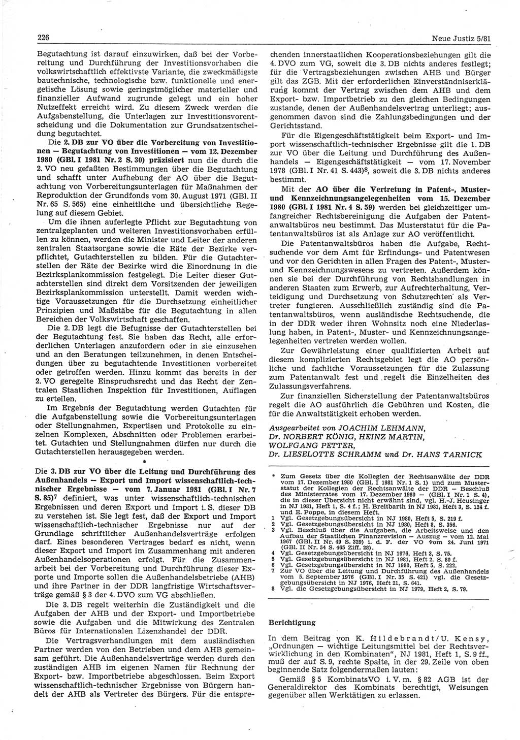 Neue Justiz (NJ), Zeitschrift für sozialistisches Recht und Gesetzlichkeit [Deutsche Demokratische Republik (DDR)], 35. Jahrgang 1981, Seite 226 (NJ DDR 1981, S. 226)