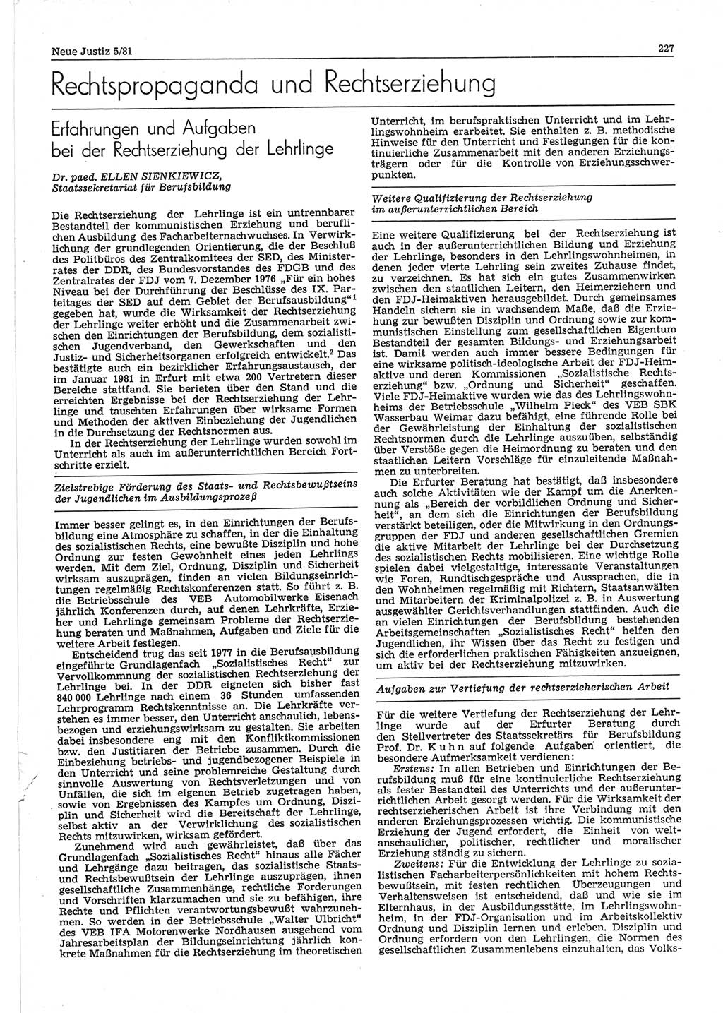 Neue Justiz (NJ), Zeitschrift für sozialistisches Recht und Gesetzlichkeit [Deutsche Demokratische Republik (DDR)], 35. Jahrgang 1981, Seite 227 (NJ DDR 1981, S. 227)