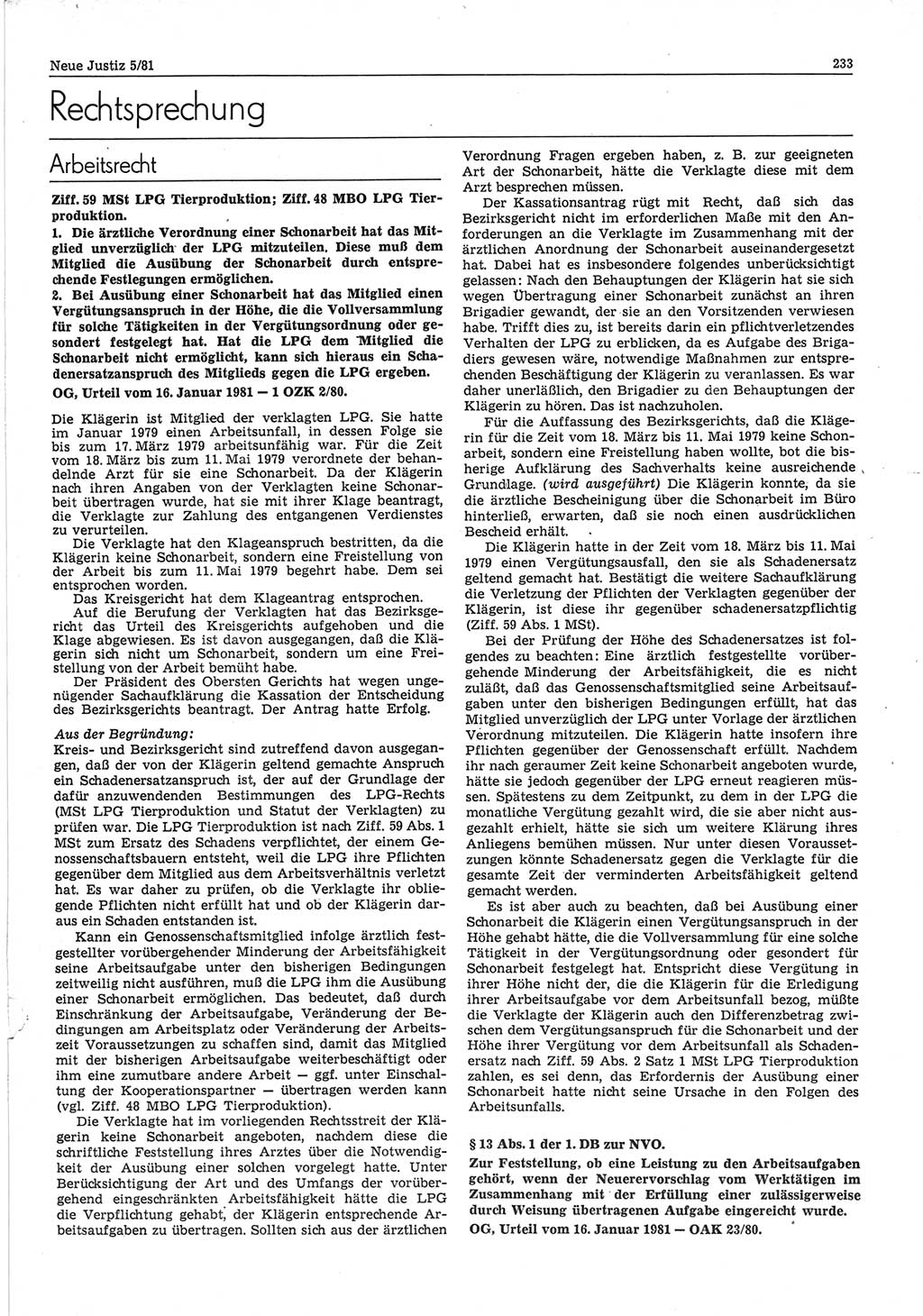 Neue Justiz (NJ), Zeitschrift für sozialistisches Recht und Gesetzlichkeit [Deutsche Demokratische Republik (DDR)], 35. Jahrgang 1981, Seite 233 (NJ DDR 1981, S. 233)