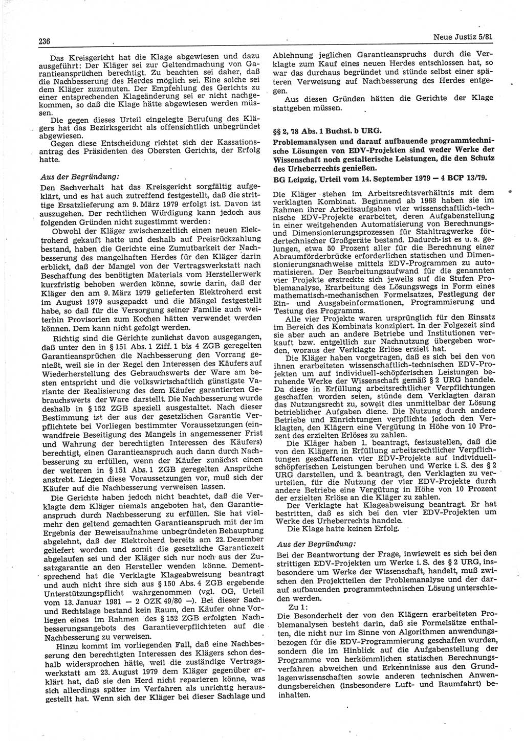 Neue Justiz (NJ), Zeitschrift für sozialistisches Recht und Gesetzlichkeit [Deutsche Demokratische Republik (DDR)], 35. Jahrgang 1981, Seite 236 (NJ DDR 1981, S. 236)