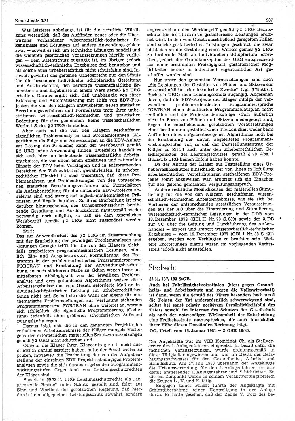 Neue Justiz (NJ), Zeitschrift für sozialistisches Recht und Gesetzlichkeit [Deutsche Demokratische Republik (DDR)], 35. Jahrgang 1981, Seite 237 (NJ DDR 1981, S. 237)