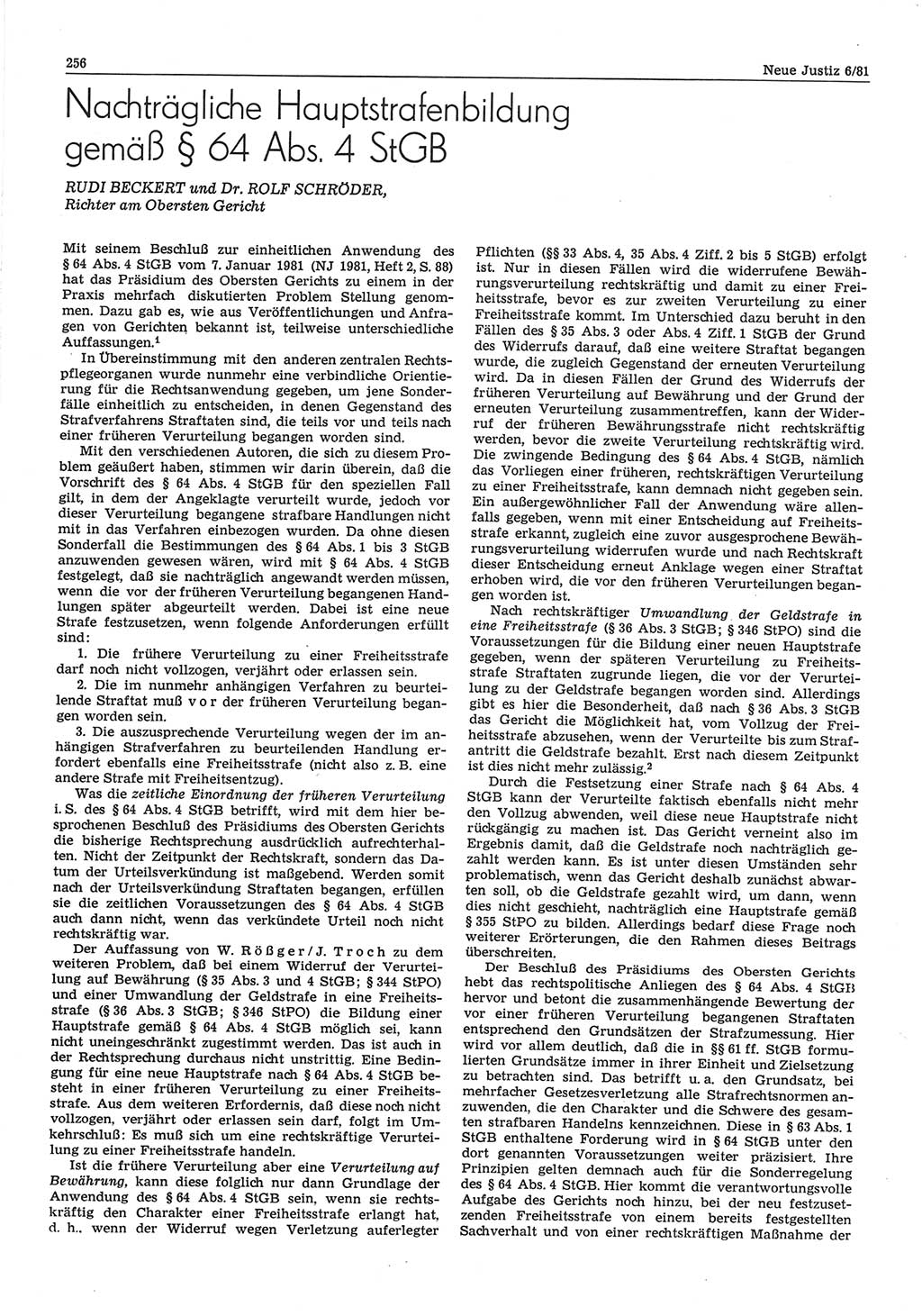 Neue Justiz (NJ), Zeitschrift für sozialistisches Recht und Gesetzlichkeit [Deutsche Demokratische Republik (DDR)], 35. Jahrgang 1981, Seite 256 (NJ DDR 1981, S. 256)