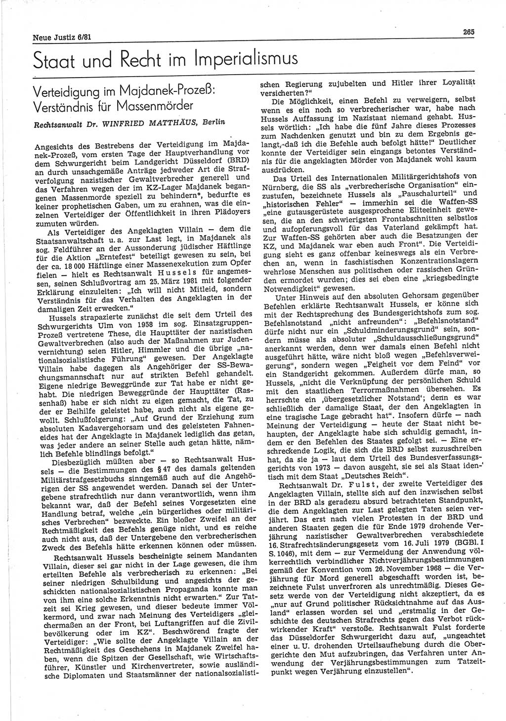 Neue Justiz (NJ), Zeitschrift für sozialistisches Recht und Gesetzlichkeit [Deutsche Demokratische Republik (DDR)], 35. Jahrgang 1981, Seite 265 (NJ DDR 1981, S. 265)
