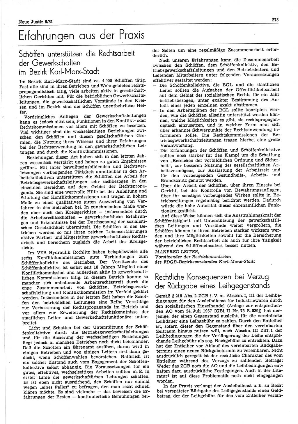 Neue Justiz (NJ), Zeitschrift für sozialistisches Recht und Gesetzlichkeit [Deutsche Demokratische Republik (DDR)], 35. Jahrgang 1981, Seite 273 (NJ DDR 1981, S. 273)