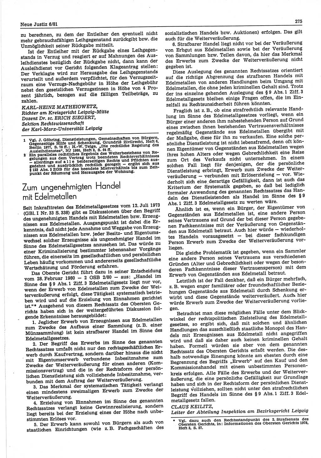 Neue Justiz (NJ), Zeitschrift für sozialistisches Recht und Gesetzlichkeit [Deutsche Demokratische Republik (DDR)], 35. Jahrgang 1981, Seite 275 (NJ DDR 1981, S. 275)