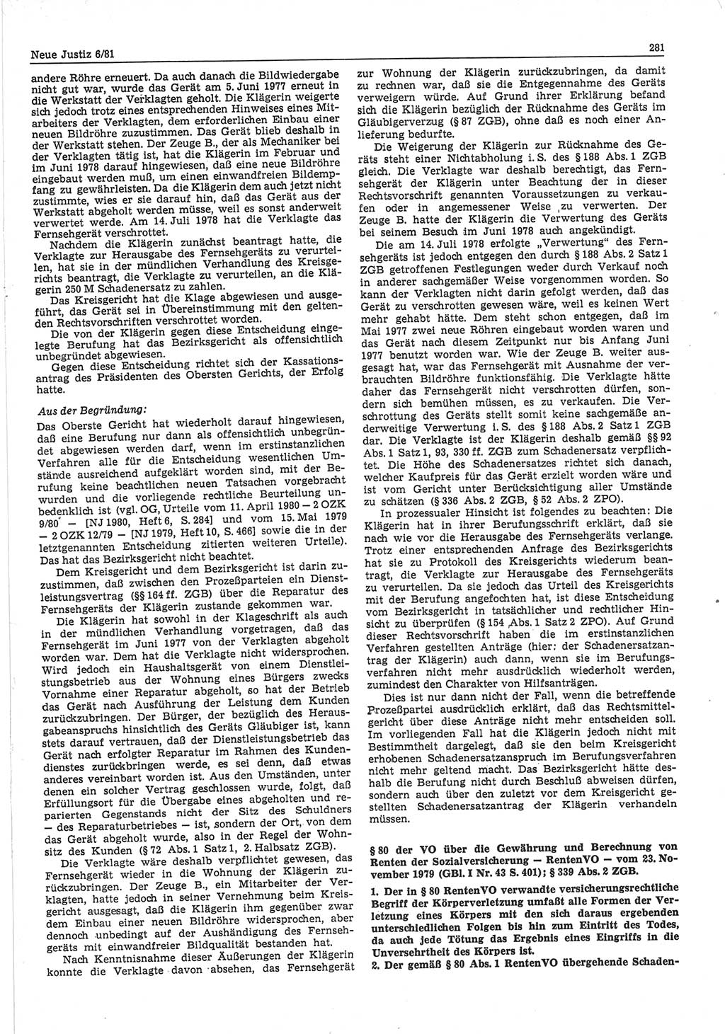Neue Justiz (NJ), Zeitschrift für sozialistisches Recht und Gesetzlichkeit [Deutsche Demokratische Republik (DDR)], 35. Jahrgang 1981, Seite 281 (NJ DDR 1981, S. 281)