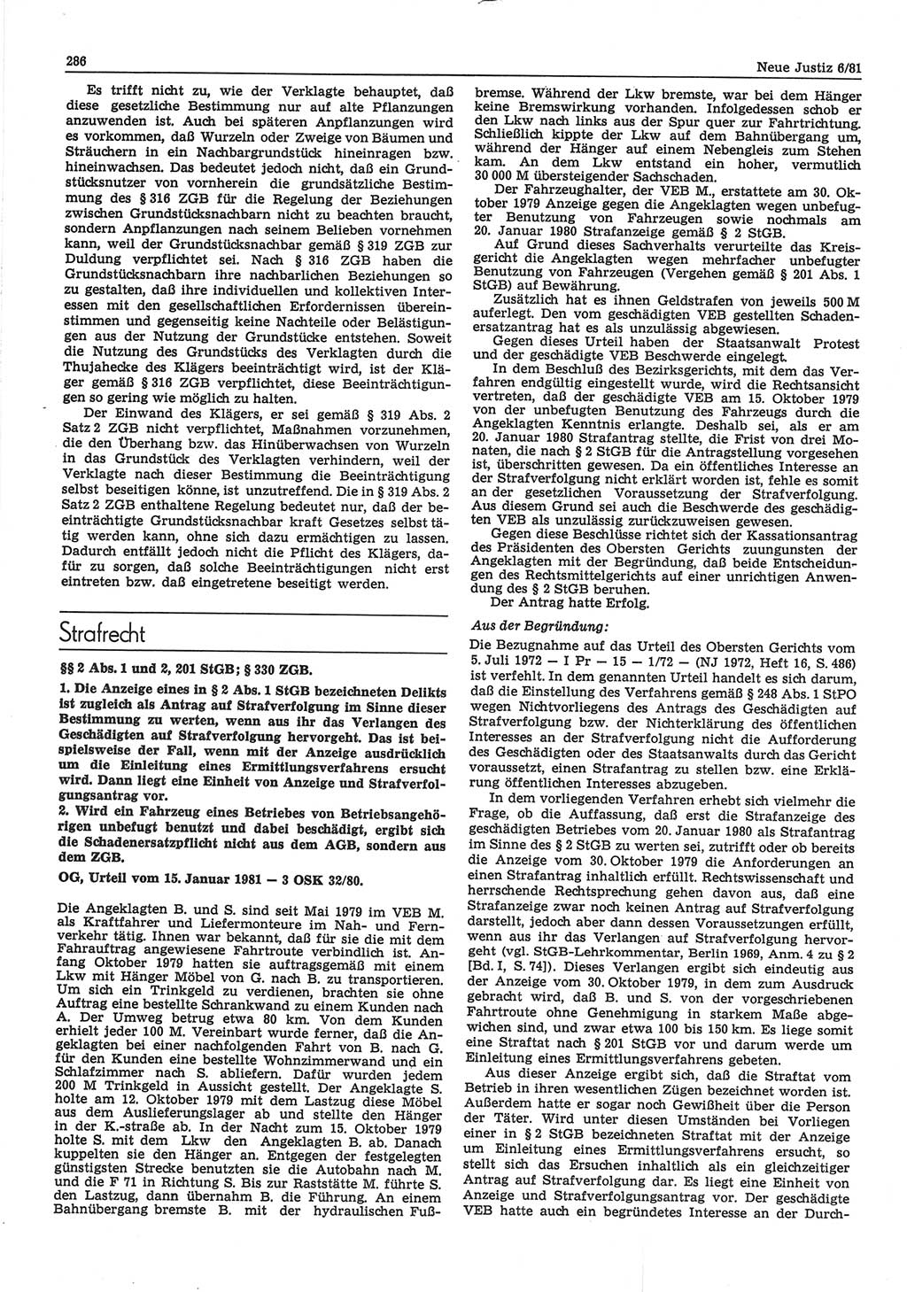 Neue Justiz (NJ), Zeitschrift für sozialistisches Recht und Gesetzlichkeit [Deutsche Demokratische Republik (DDR)], 35. Jahrgang 1981, Seite 286 (NJ DDR 1981, S. 286)