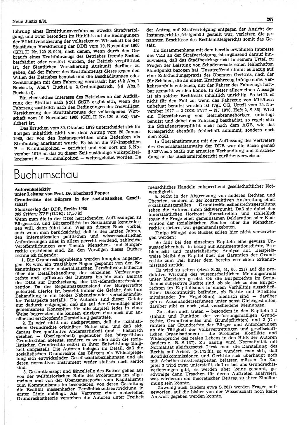 Neue Justiz (NJ), Zeitschrift für sozialistisches Recht und Gesetzlichkeit [Deutsche Demokratische Republik (DDR)], 35. Jahrgang 1981, Seite 287 (NJ DDR 1981, S. 287)