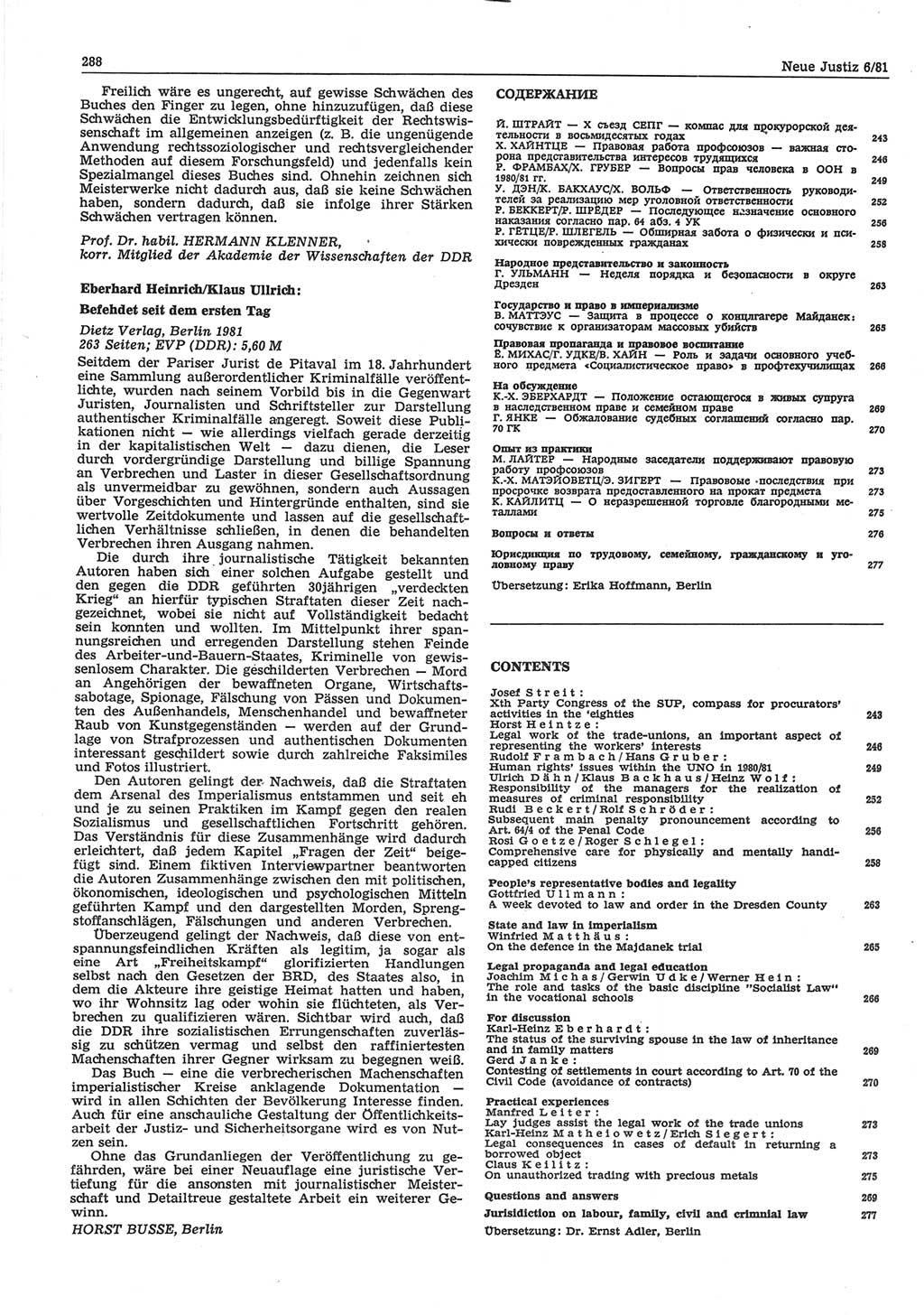 Neue Justiz (NJ), Zeitschrift für sozialistisches Recht und Gesetzlichkeit [Deutsche Demokratische Republik (DDR)], 35. Jahrgang 1981, Seite 288 (NJ DDR 1981, S. 288)