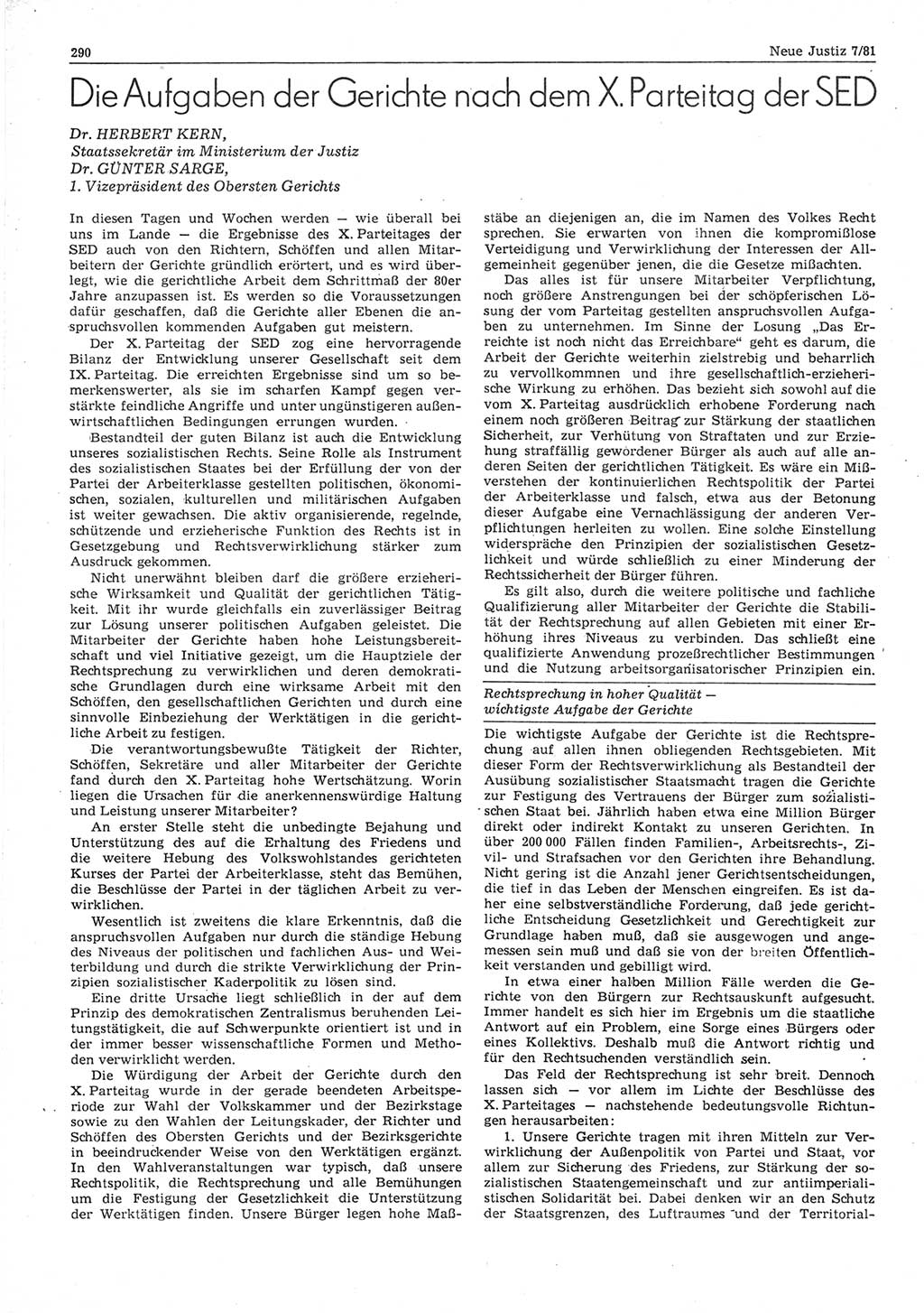 Neue Justiz (NJ), Zeitschrift für sozialistisches Recht und Gesetzlichkeit [Deutsche Demokratische Republik (DDR)], 35. Jahrgang 1981, Seite 290 (NJ DDR 1981, S. 290)