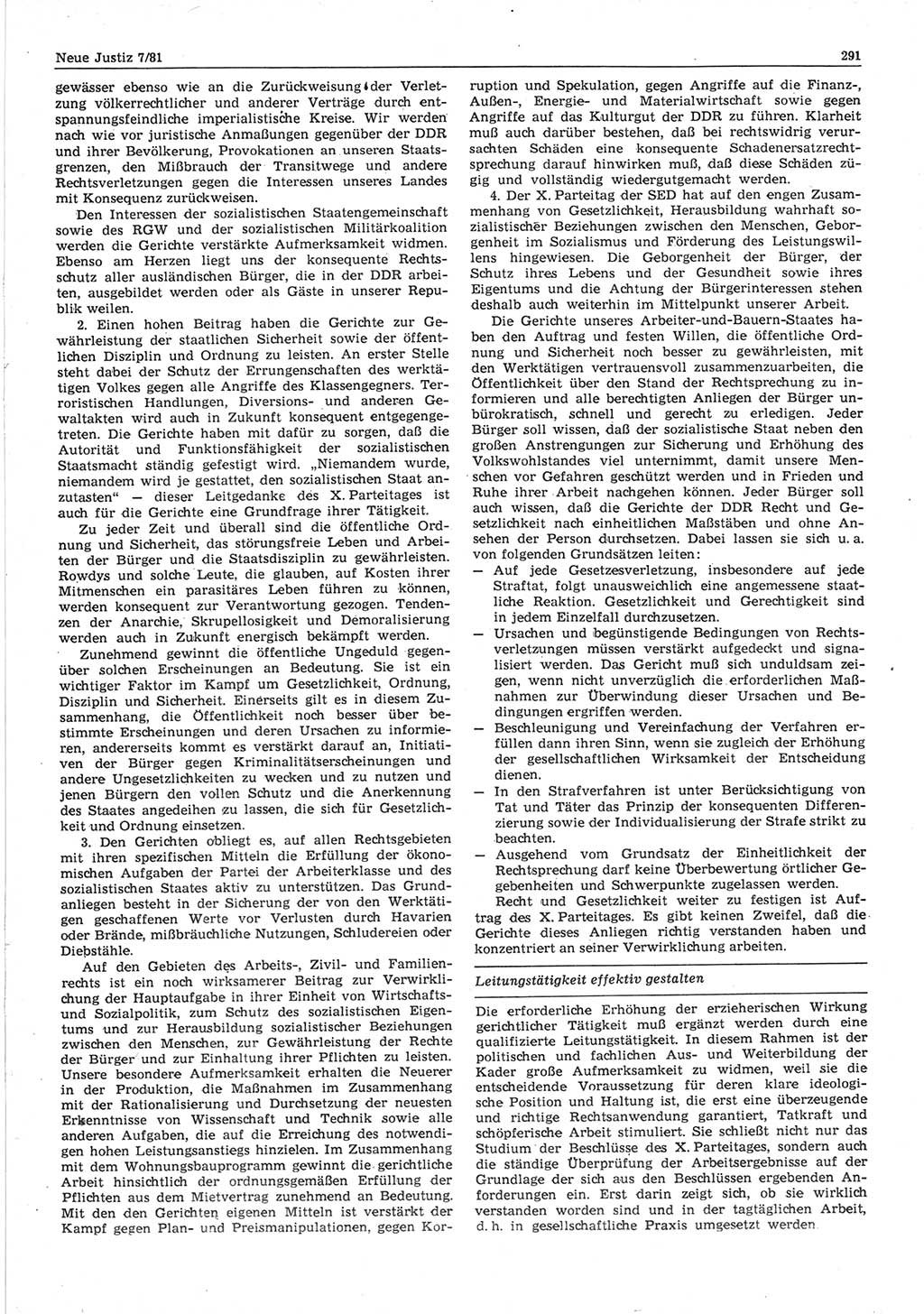 Neue Justiz (NJ), Zeitschrift für sozialistisches Recht und Gesetzlichkeit [Deutsche Demokratische Republik (DDR)], 35. Jahrgang 1981, Seite 291 (NJ DDR 1981, S. 291)