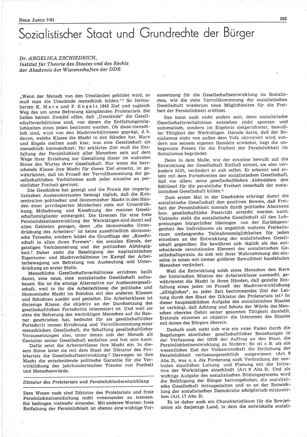 Neue Justiz (NJ), Zeitschrift für sozialistisches Recht und Gesetzlichkeit [Deutsche Demokratische Republik (DDR)], 35. Jahrgang 1981, Seite 293 (NJ DDR 1981, S. 293)