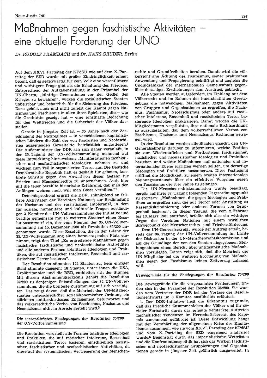 Neue Justiz (NJ), Zeitschrift für sozialistisches Recht und Gesetzlichkeit [Deutsche Demokratische Republik (DDR)], 35. Jahrgang 1981, Seite 297 (NJ DDR 1981, S. 297)