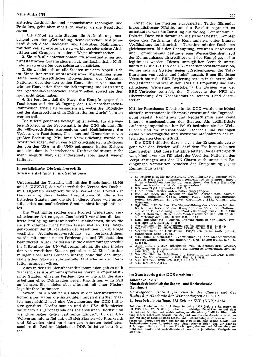 Neue Justiz (NJ), Zeitschrift für sozialistisches Recht und Gesetzlichkeit [Deutsche Demokratische Republik (DDR)], 35. Jahrgang 1981, Seite 299 (NJ DDR 1981, S. 299)