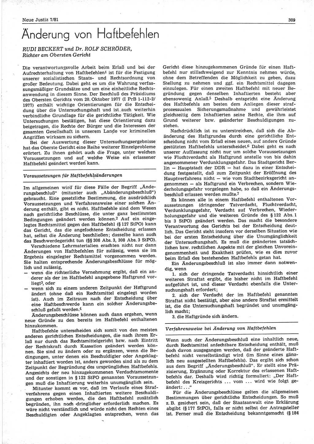 Neue Justiz (NJ), Zeitschrift für sozialistisches Recht und Gesetzlichkeit [Deutsche Demokratische Republik (DDR)], 35. Jahrgang 1981, Seite 309 (NJ DDR 1981, S. 309)