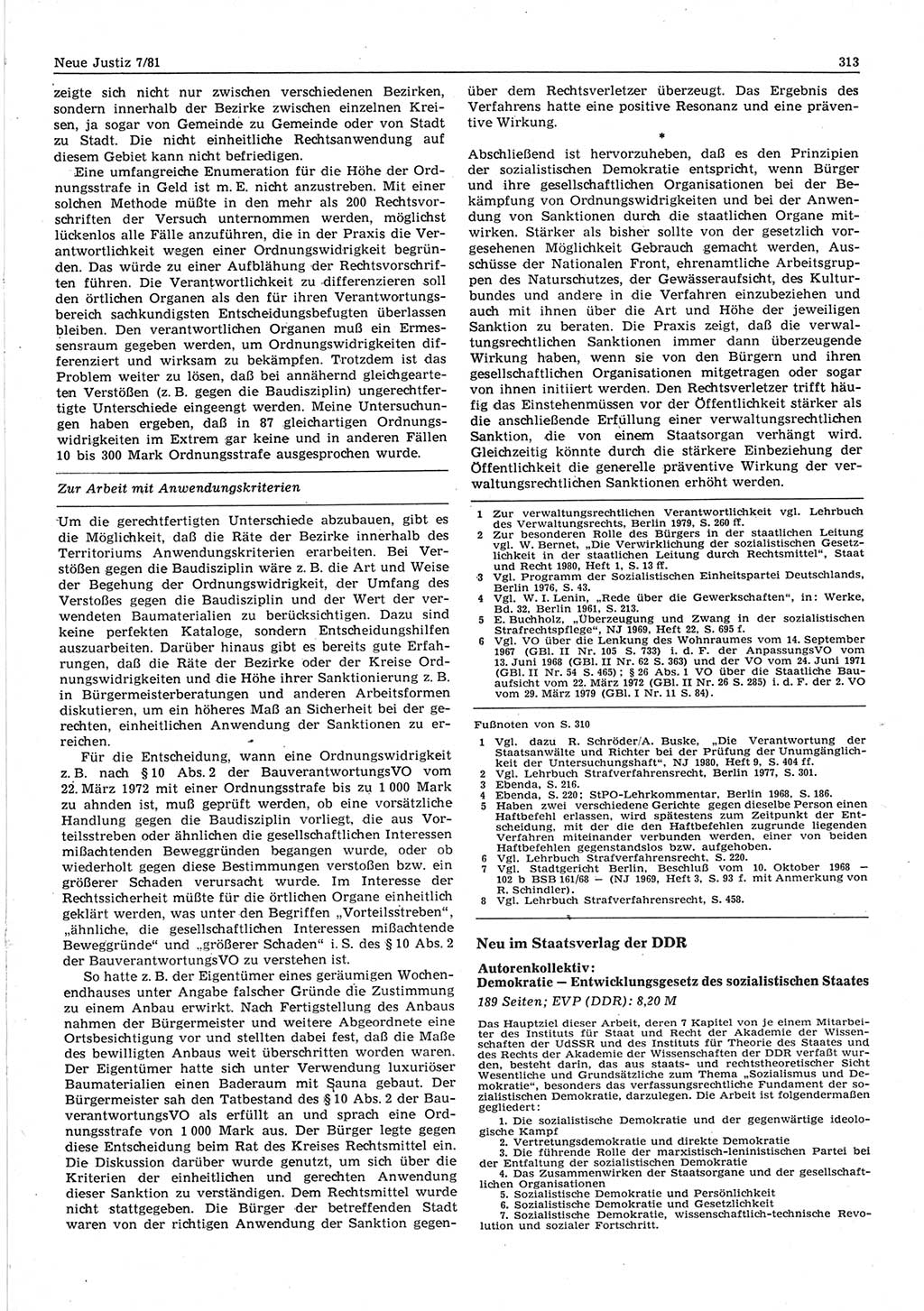 Neue Justiz (NJ), Zeitschrift für sozialistisches Recht und Gesetzlichkeit [Deutsche Demokratische Republik (DDR)], 35. Jahrgang 1981, Seite 313 (NJ DDR 1981, S. 313)