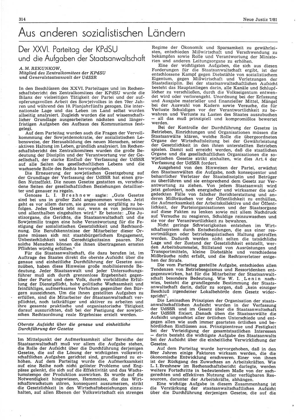 Neue Justiz (NJ), Zeitschrift für sozialistisches Recht und Gesetzlichkeit [Deutsche Demokratische Republik (DDR)], 35. Jahrgang 1981, Seite 314 (NJ DDR 1981, S. 314)
