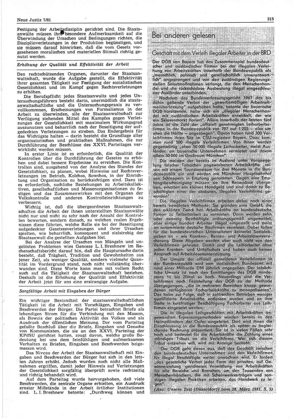 Neue Justiz (NJ), Zeitschrift für sozialistisches Recht und Gesetzlichkeit [Deutsche Demokratische Republik (DDR)], 35. Jahrgang 1981, Seite 315 (NJ DDR 1981, S. 315)