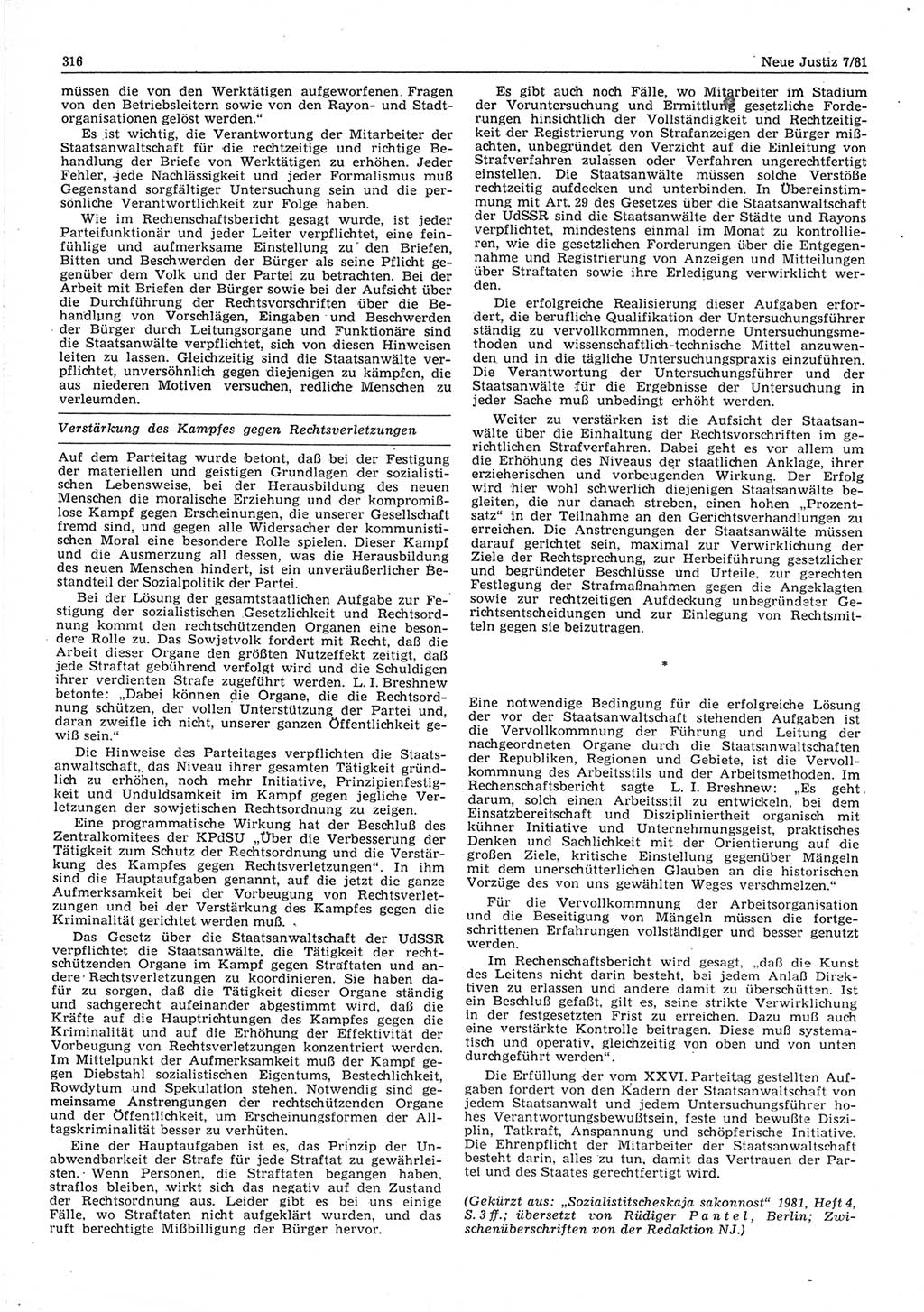 Neue Justiz (NJ), Zeitschrift für sozialistisches Recht und Gesetzlichkeit [Deutsche Demokratische Republik (DDR)], 35. Jahrgang 1981, Seite 316 (NJ DDR 1981, S. 316)