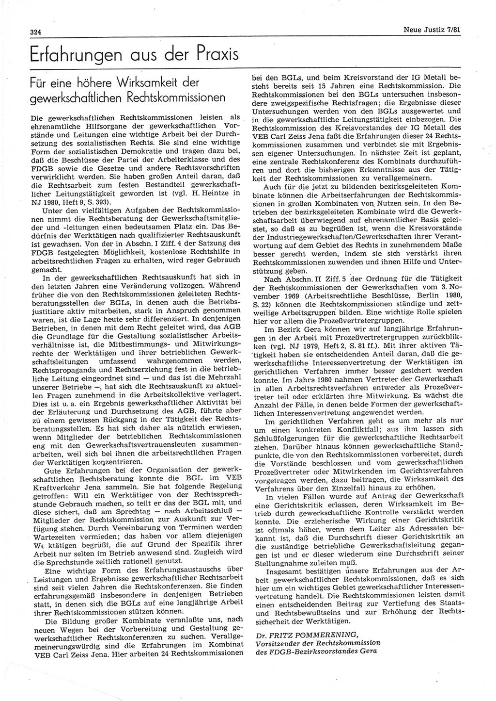 Neue Justiz (NJ), Zeitschrift für sozialistisches Recht und Gesetzlichkeit [Deutsche Demokratische Republik (DDR)], 35. Jahrgang 1981, Seite 324 (NJ DDR 1981, S. 324)