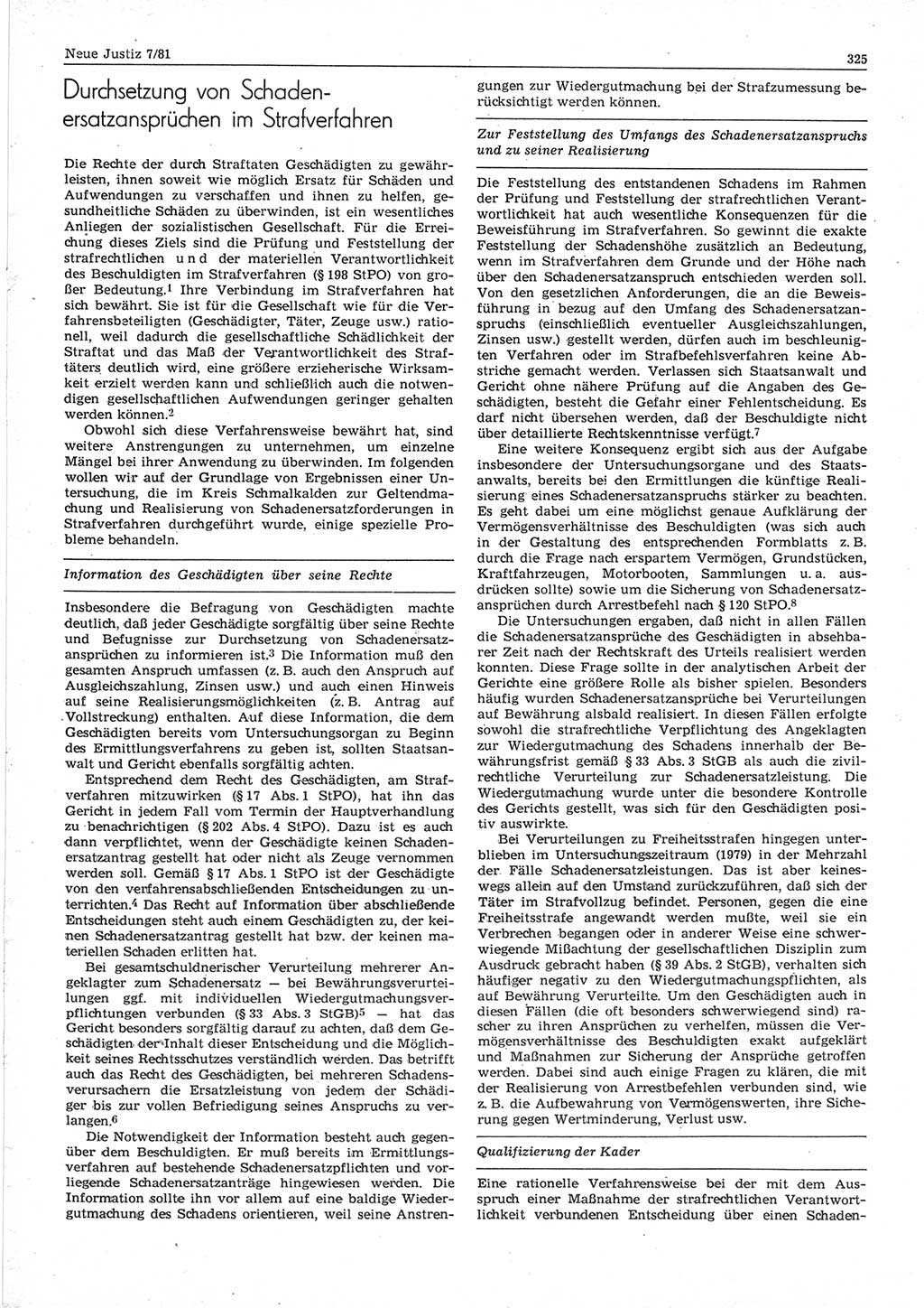 Neue Justiz (NJ), Zeitschrift für sozialistisches Recht und Gesetzlichkeit [Deutsche Demokratische Republik (DDR)], 35. Jahrgang 1981, Seite 325 (NJ DDR 1981, S. 325)