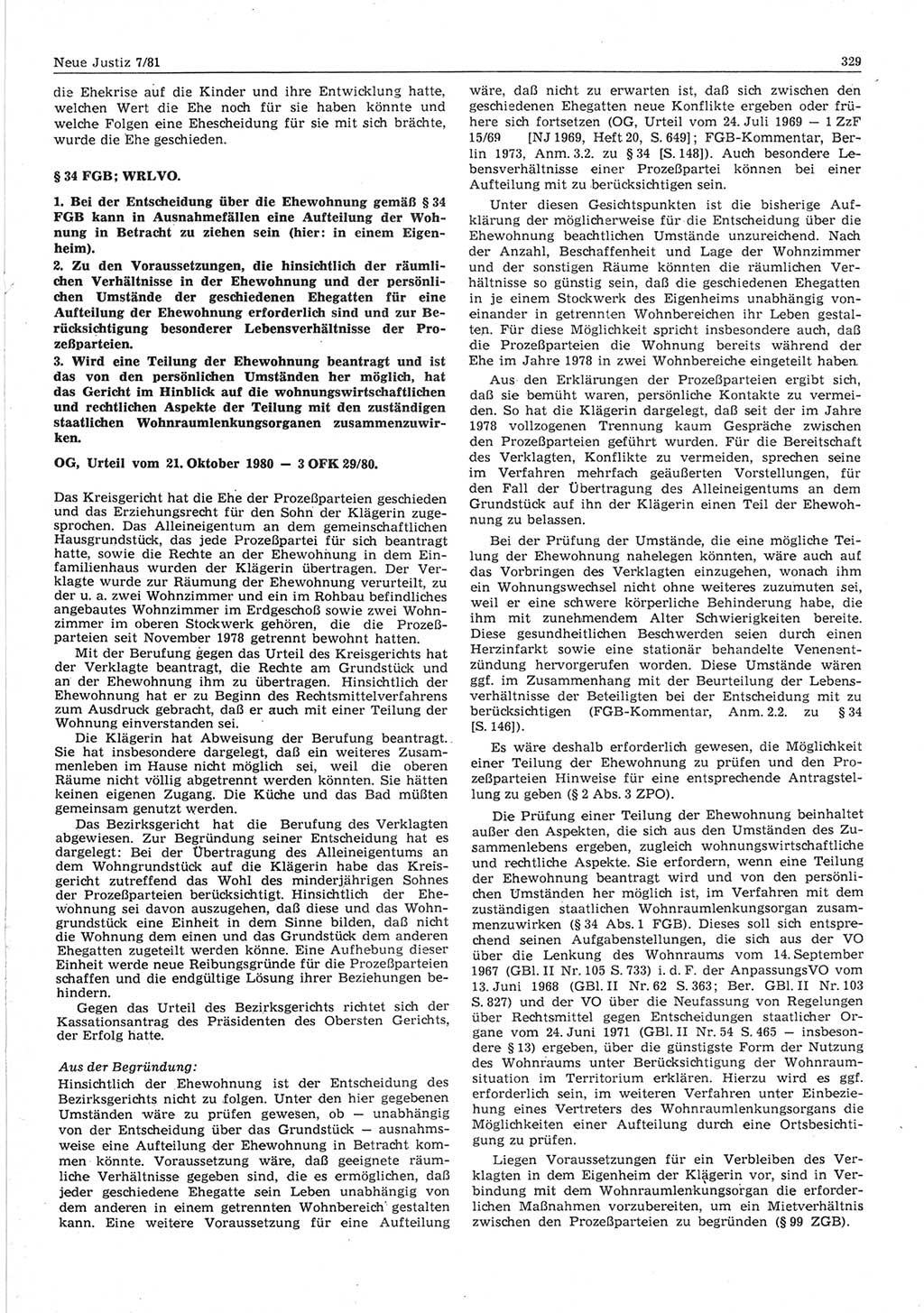 Neue Justiz (NJ), Zeitschrift für sozialistisches Recht und Gesetzlichkeit [Deutsche Demokratische Republik (DDR)], 35. Jahrgang 1981, Seite 329 (NJ DDR 1981, S. 329)
