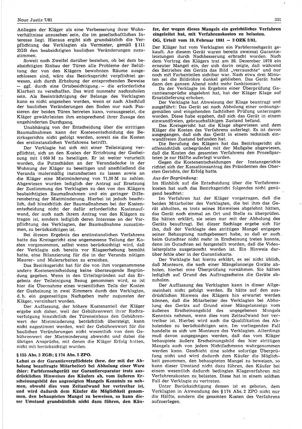 Neue Justiz (NJ), Zeitschrift für sozialistisches Recht und Gesetzlichkeit [Deutsche Demokratische Republik (DDR)], 35. Jahrgang 1981, Seite 331 (NJ DDR 1981, S. 331)