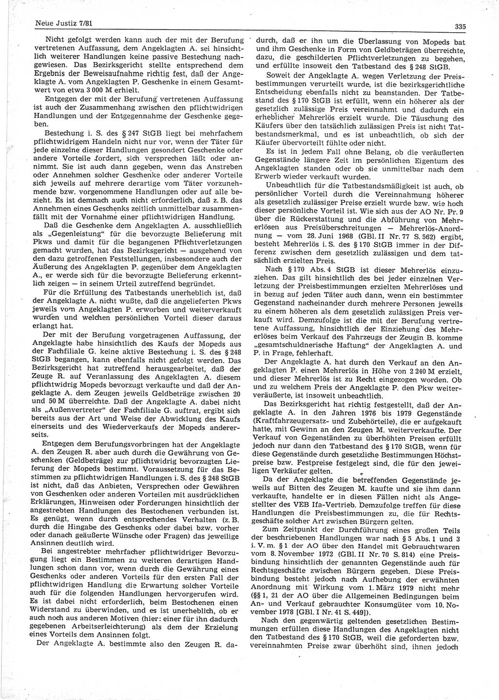 Neue Justiz (NJ), Zeitschrift für sozialistisches Recht und Gesetzlichkeit [Deutsche Demokratische Republik (DDR)], 35. Jahrgang 1981, Seite 335 (NJ DDR 1981, S. 335)