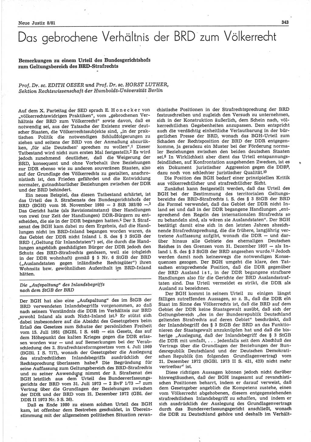 Neue Justiz (NJ), Zeitschrift für sozialistisches Recht und Gesetzlichkeit [Deutsche Demokratische Republik (DDR)], 35. Jahrgang 1981, Seite 343 (NJ DDR 1981, S. 343)