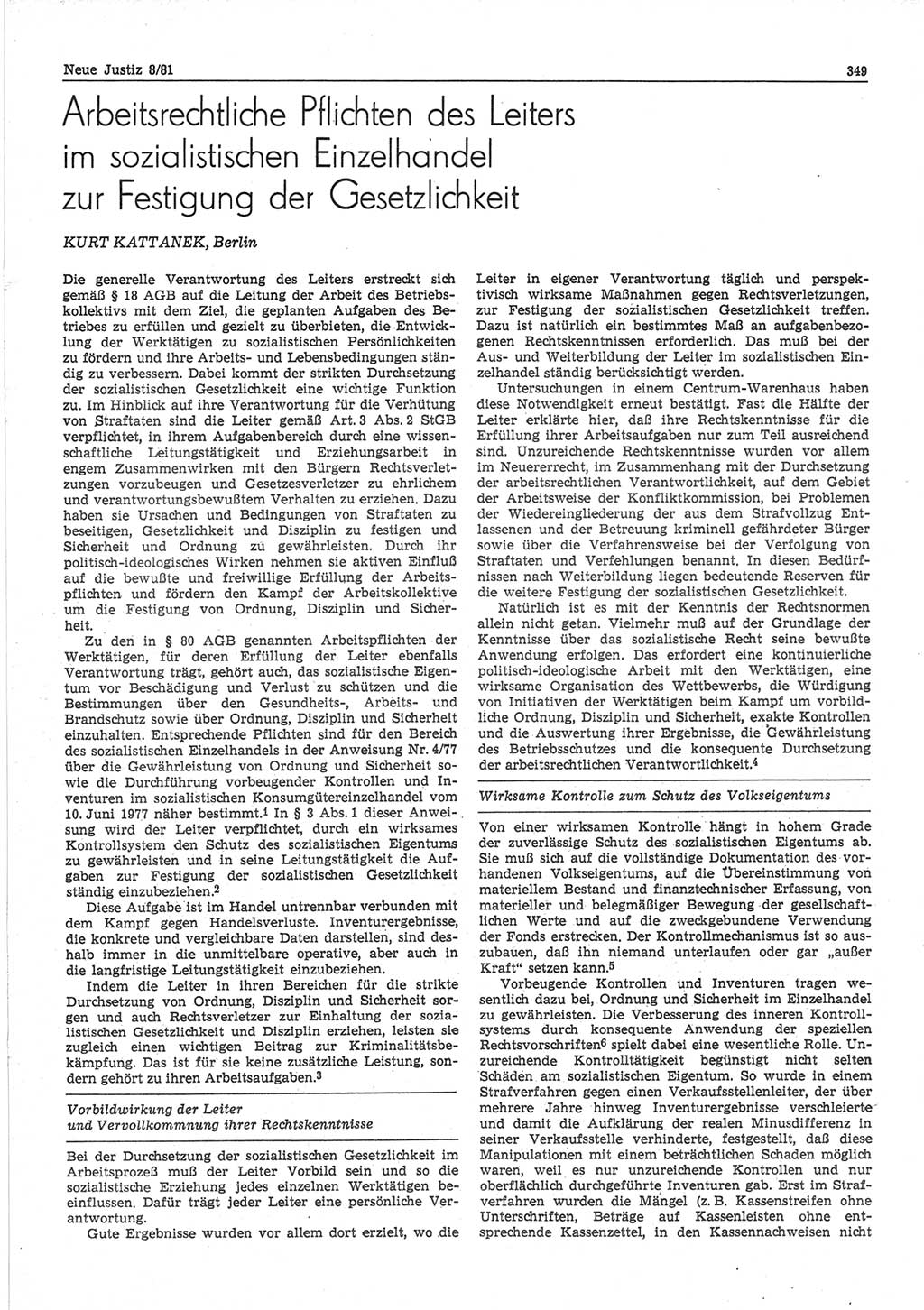 Neue Justiz (NJ), Zeitschrift für sozialistisches Recht und Gesetzlichkeit [Deutsche Demokratische Republik (DDR)], 35. Jahrgang 1981, Seite 349 (NJ DDR 1981, S. 349)