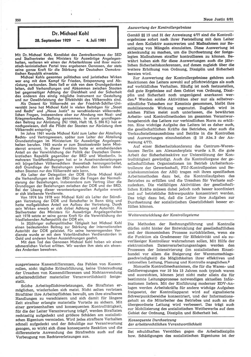 Neue Justiz (NJ), Zeitschrift für sozialistisches Recht und Gesetzlichkeit [Deutsche Demokratische Republik (DDR)], 35. Jahrgang 1981, Seite 350 (NJ DDR 1981, S. 350)