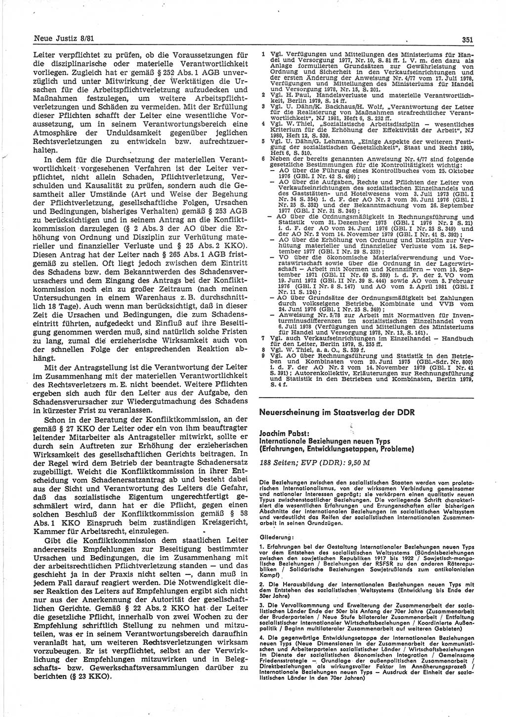 Neue Justiz (NJ), Zeitschrift für sozialistisches Recht und Gesetzlichkeit [Deutsche Demokratische Republik (DDR)], 35. Jahrgang 1981, Seite 351 (NJ DDR 1981, S. 351)