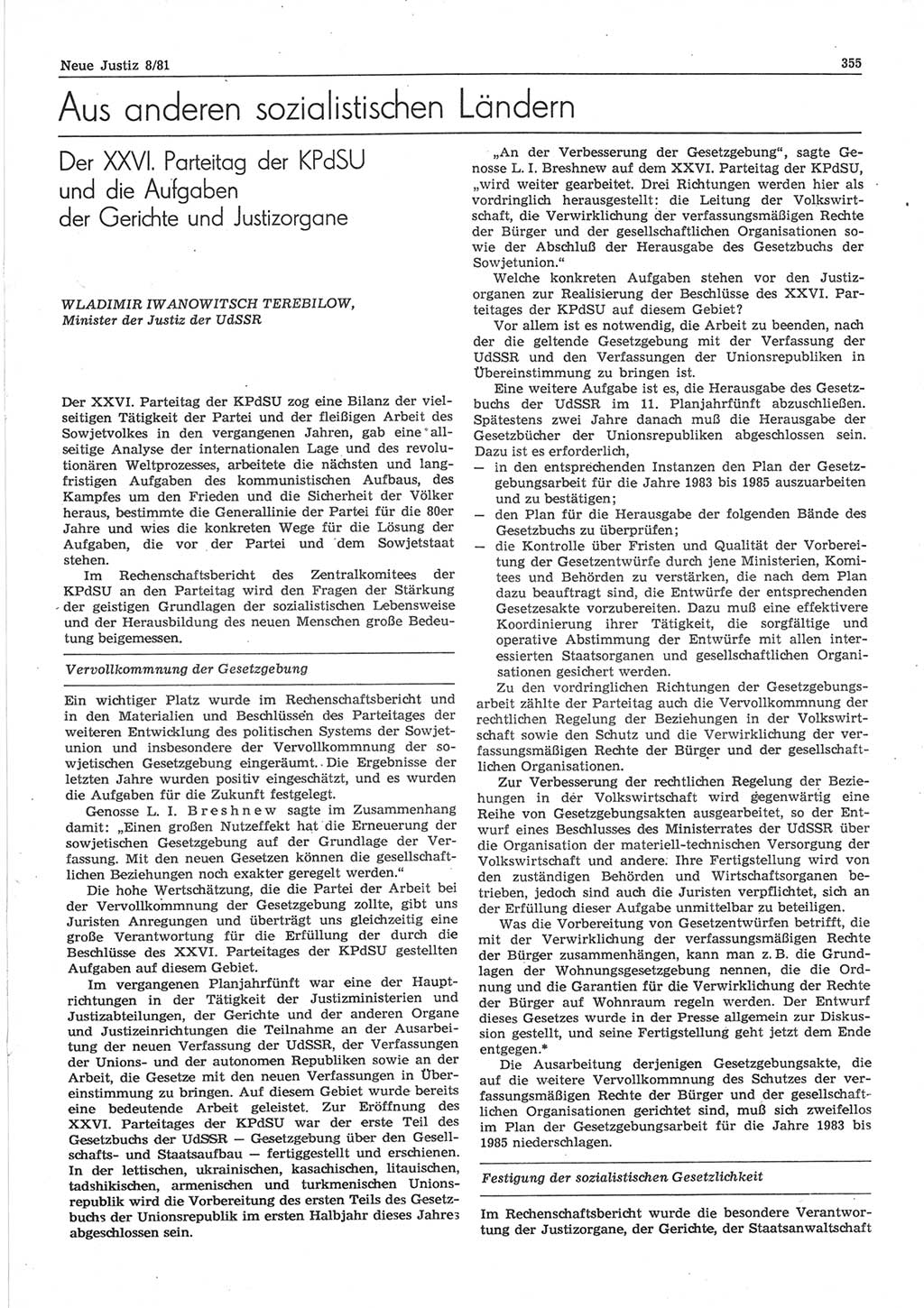 Neue Justiz (NJ), Zeitschrift für sozialistisches Recht und Gesetzlichkeit [Deutsche Demokratische Republik (DDR)], 35. Jahrgang 1981, Seite 355 (NJ DDR 1981, S. 355)