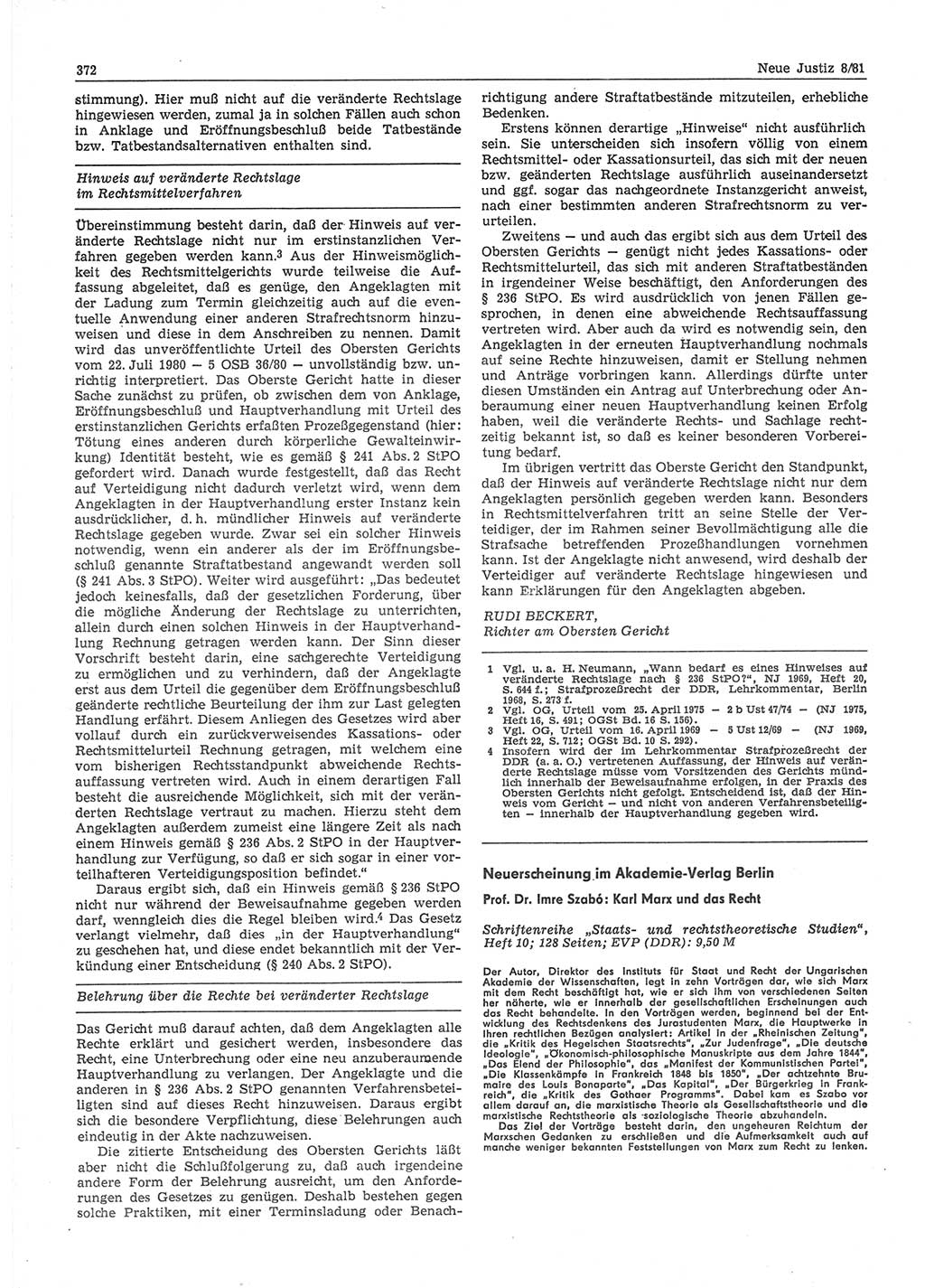 Neue Justiz (NJ), Zeitschrift für sozialistisches Recht und Gesetzlichkeit [Deutsche Demokratische Republik (DDR)], 35. Jahrgang 1981, Seite 372 (NJ DDR 1981, S. 372)
